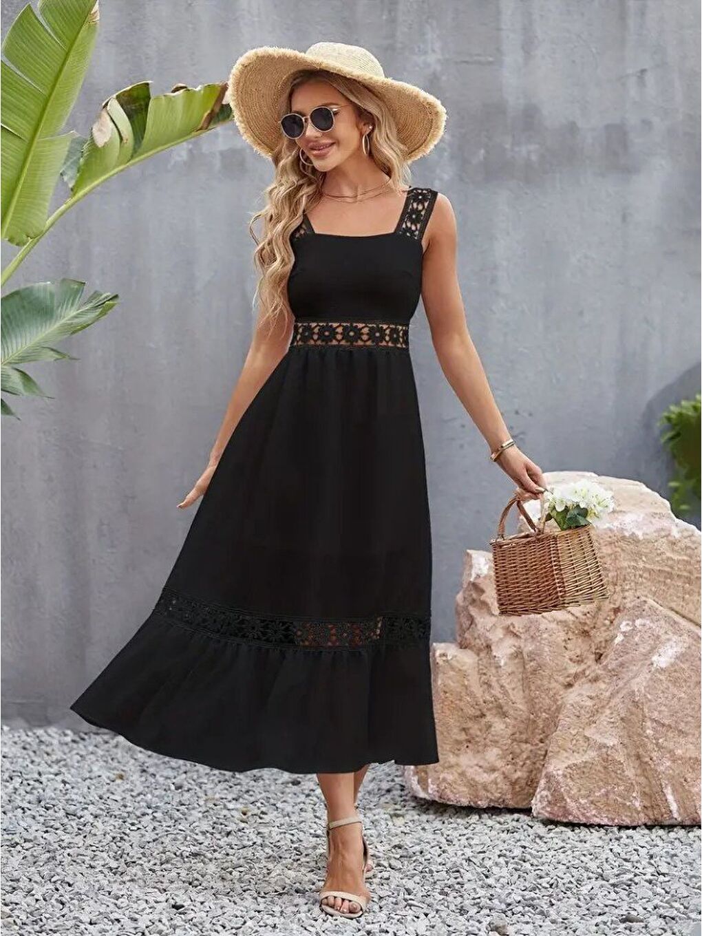 Siyah Kadın Askılı Dantel Detaylı Kiloş Janjan Krep Elbise-1