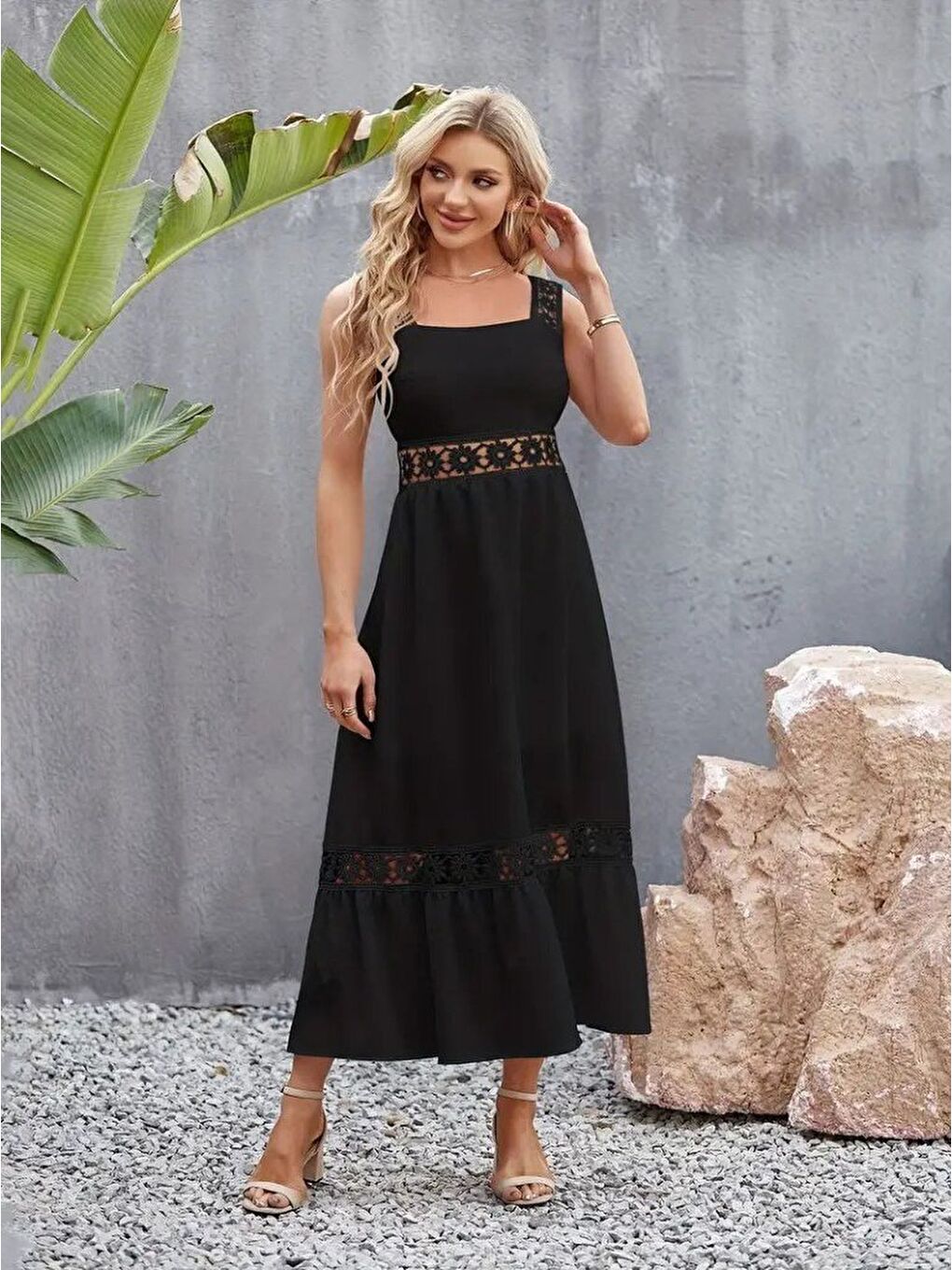 Siyah Kadın Askılı Dantel Detaylı Kiloş Janjan Krep Elbise-2