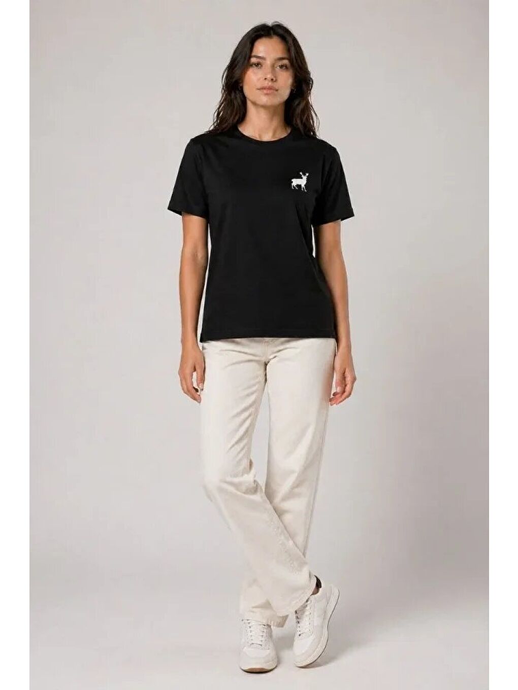 Minimal Geyik Logolu Tişört Bisiklet Yaka Kısa Kol Yazlık T-Shirt - Siyah-3