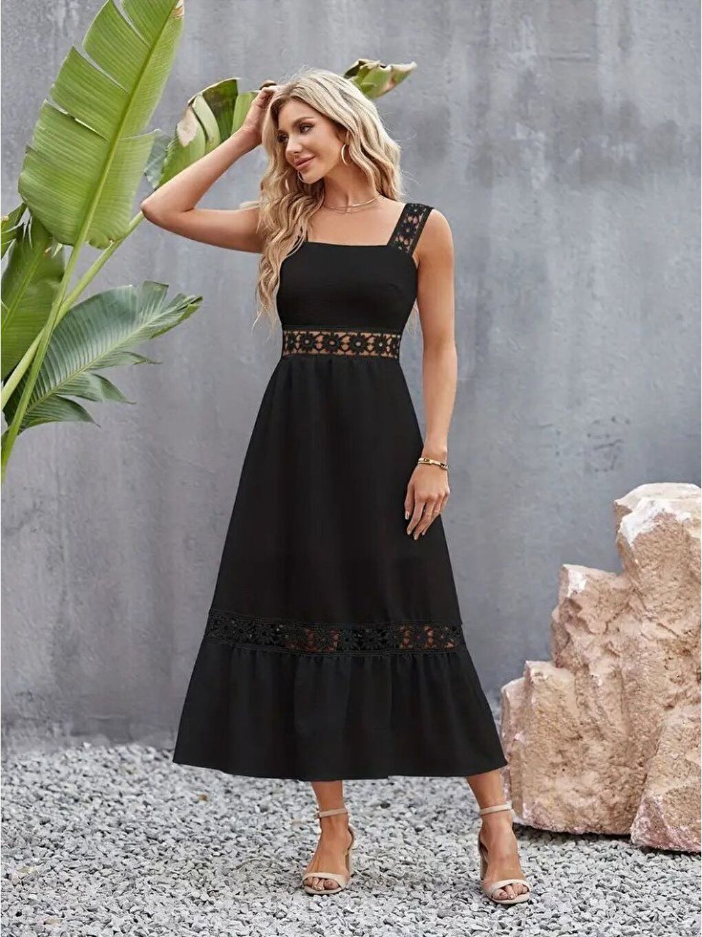 Siyah Kadın Askılı Dantel Detaylı Kiloş Janjan Krep Elbise-3