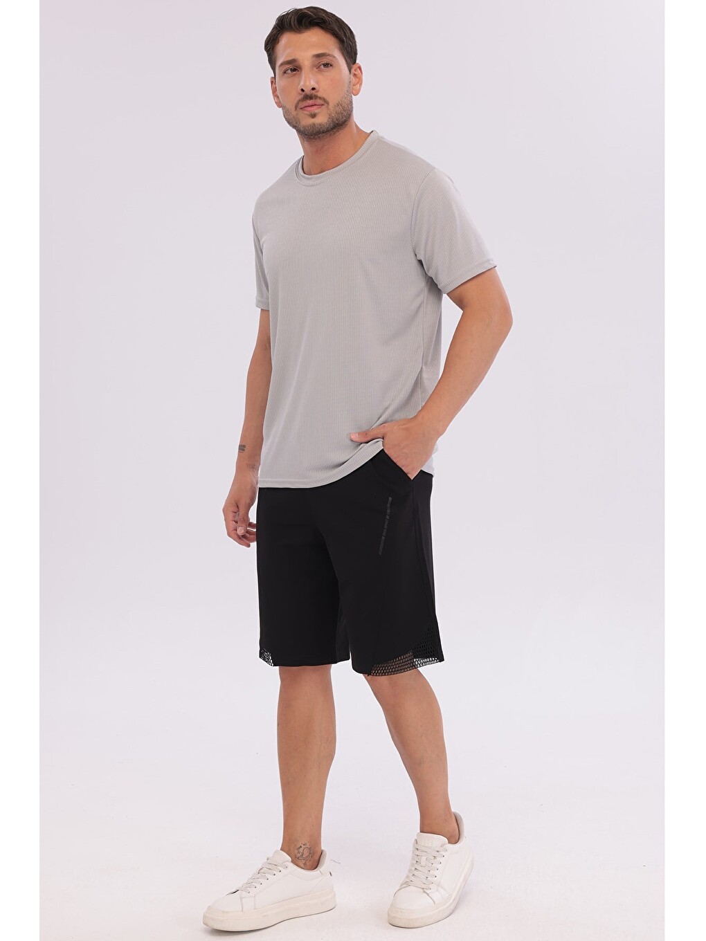 Erkek Sporcu Bisiklet Yaka T-shirt Gri-5017-1
