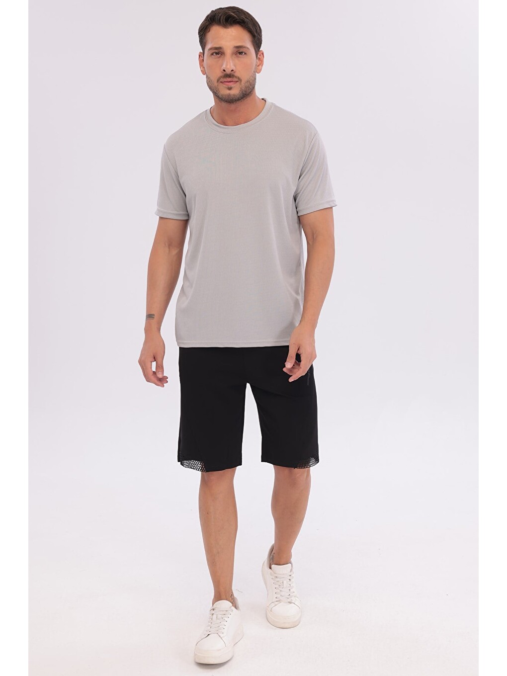 Erkek Sporcu Bisiklet Yaka T-shirt Gri-5017-2