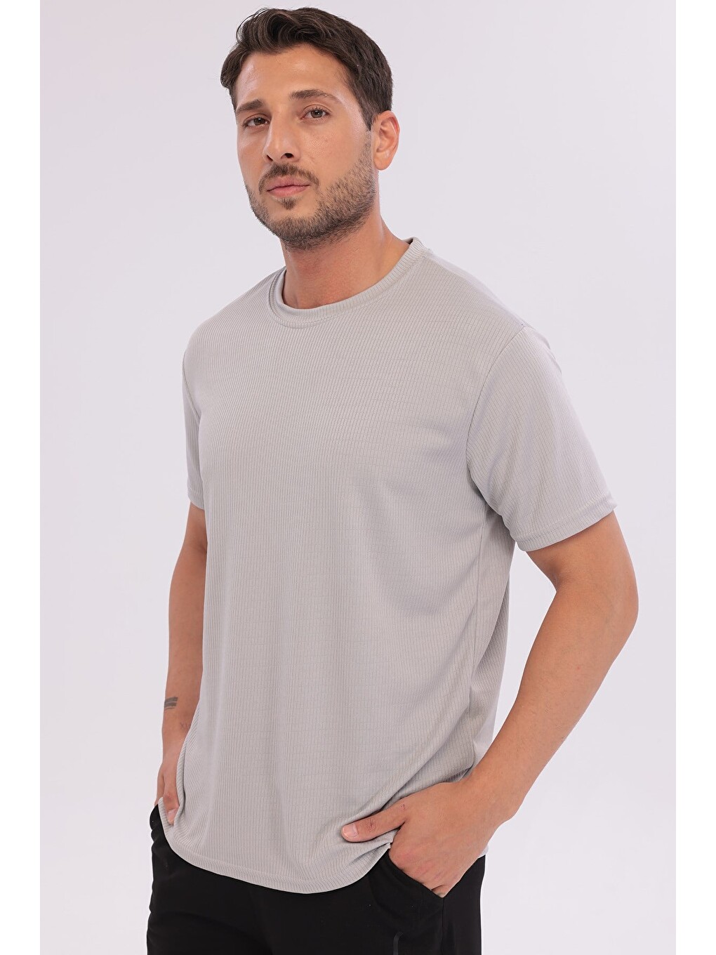 Erkek Sporcu Bisiklet Yaka T-shirt Gri-5017-4