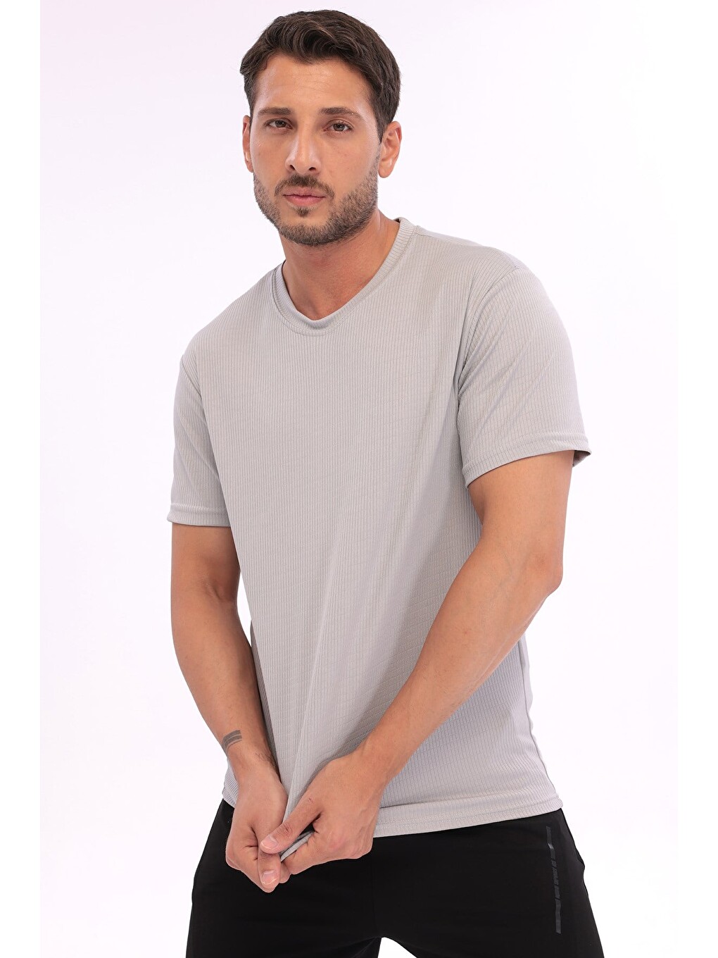 Erkek Sporcu Bisiklet Yaka T-shirt Gri-5017-6