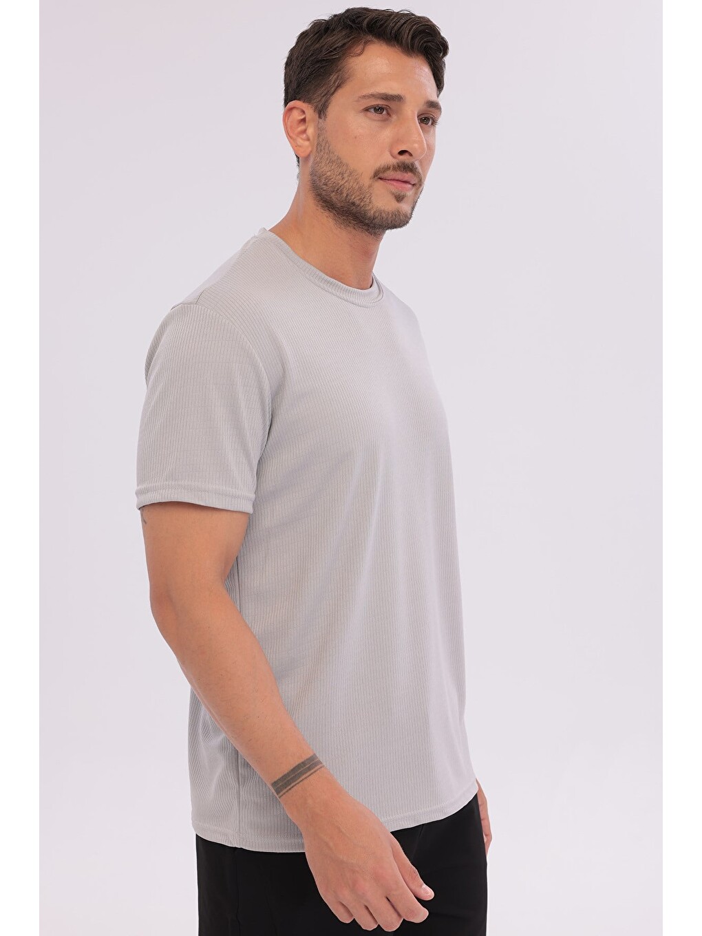 Erkek Sporcu Bisiklet Yaka T-shirt Gri-5017-7