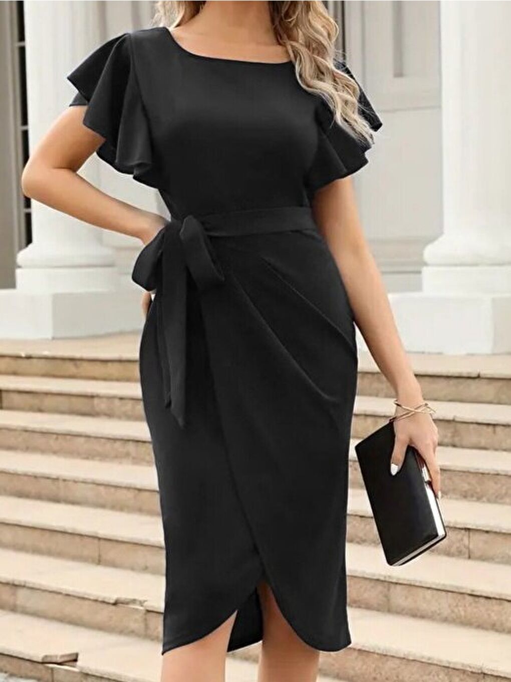 Siyah Kadın Kısa Fırfır Kollu Yakası Açık Belden Kuşaklı çapraz Kesim Detaylı Ithal Krep Elbise-2