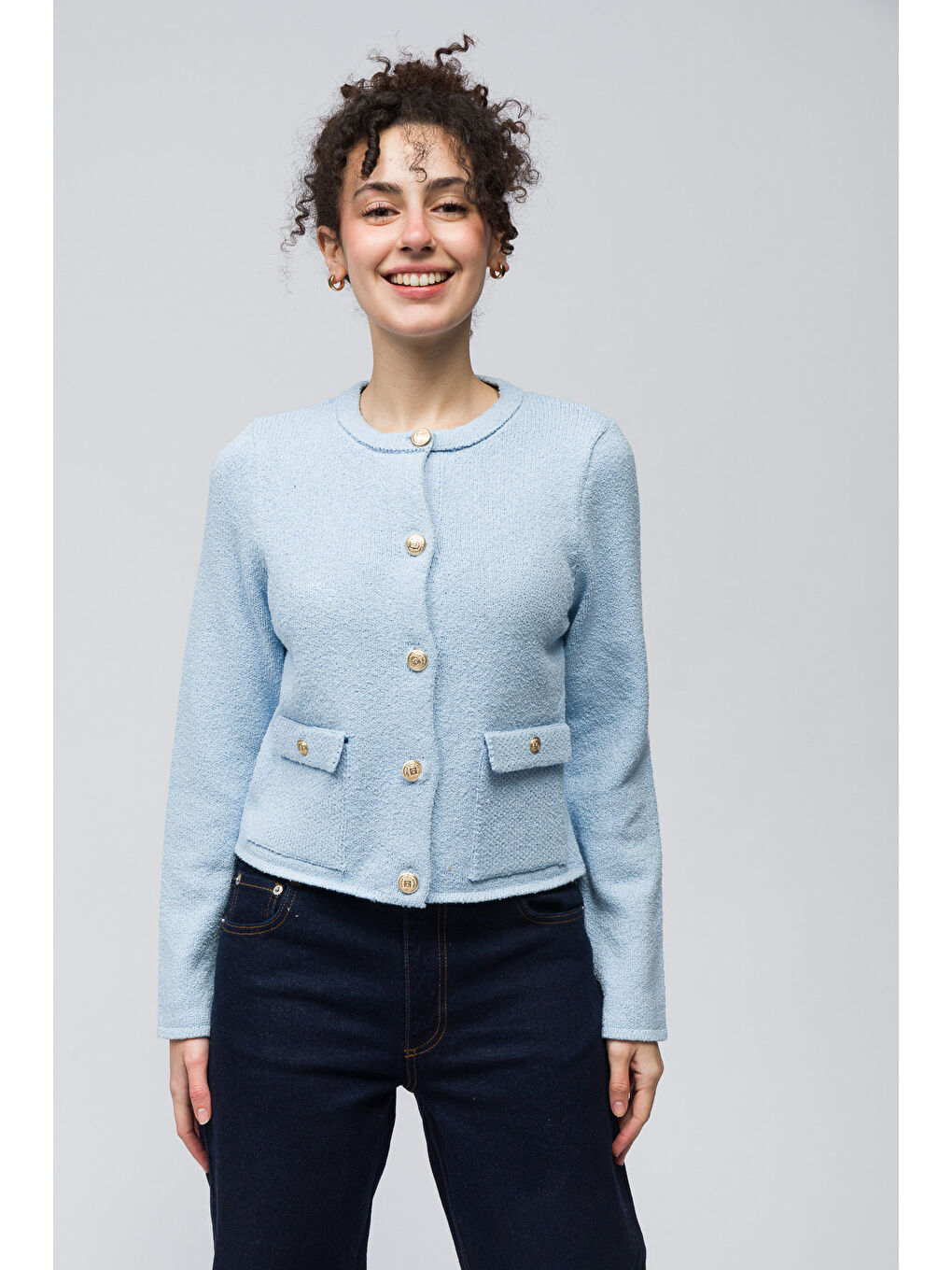 Zurih - Düğme ve Cep Detaylı Triko Hırka - Mavi Renk