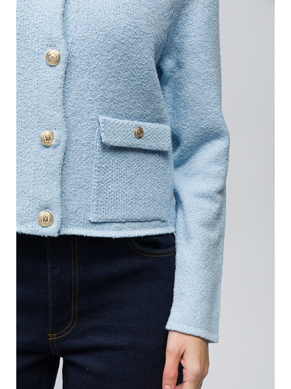 Zurih - Düğme ve Cep Detaylı Triko Hırka - Mavi Renk-3