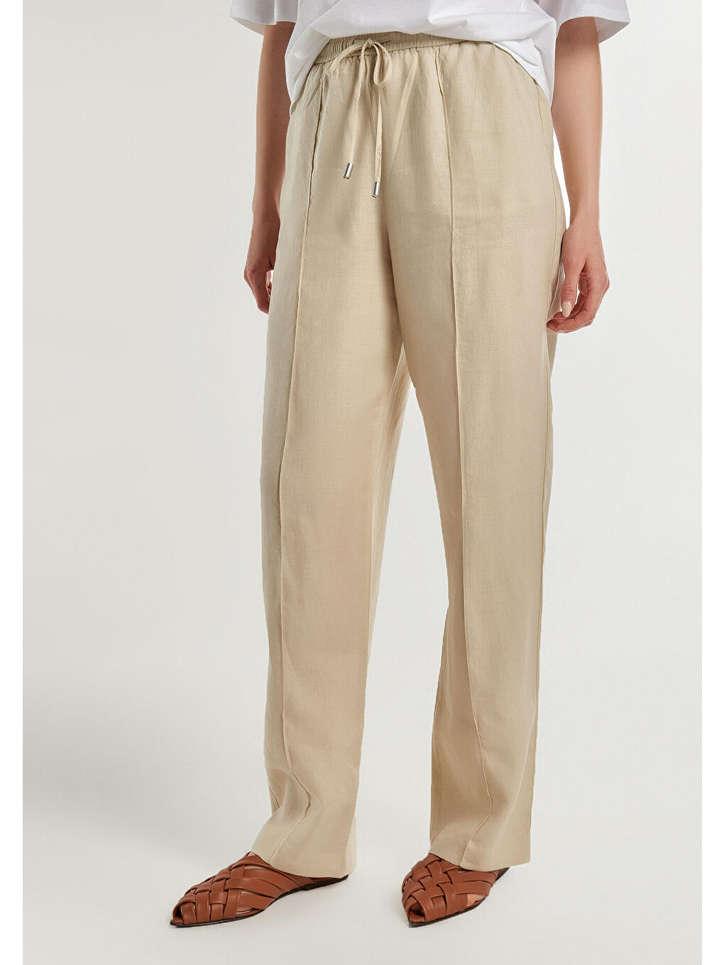 Kadın Bej %100 Keten Beli İpli Rahat Kalıp Pantolon-3