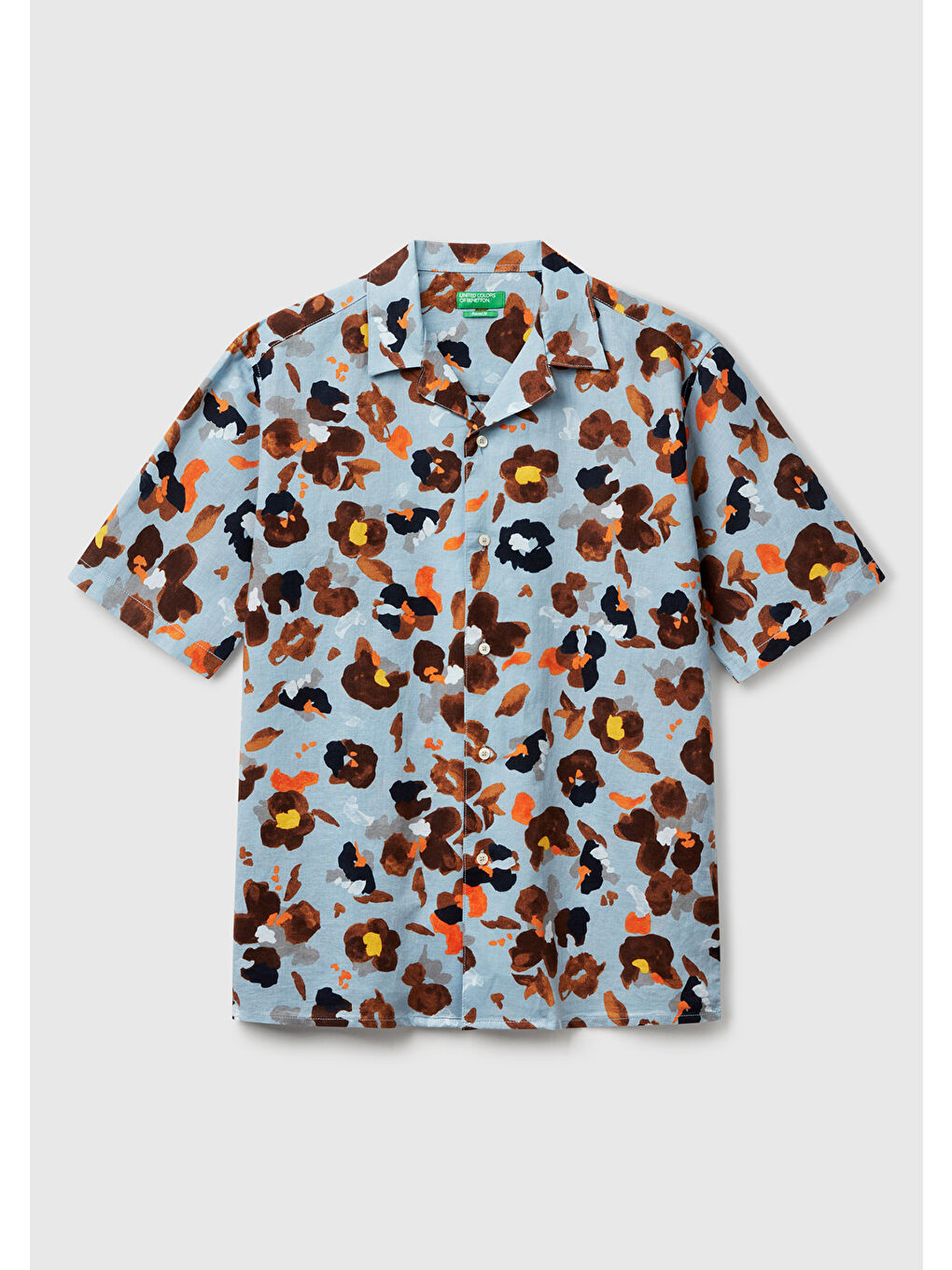 Erkek Açık Mavi Pamuk Keten Karışımlı Desenli Bowling Yaka Kısa Kollu Gömlek-1