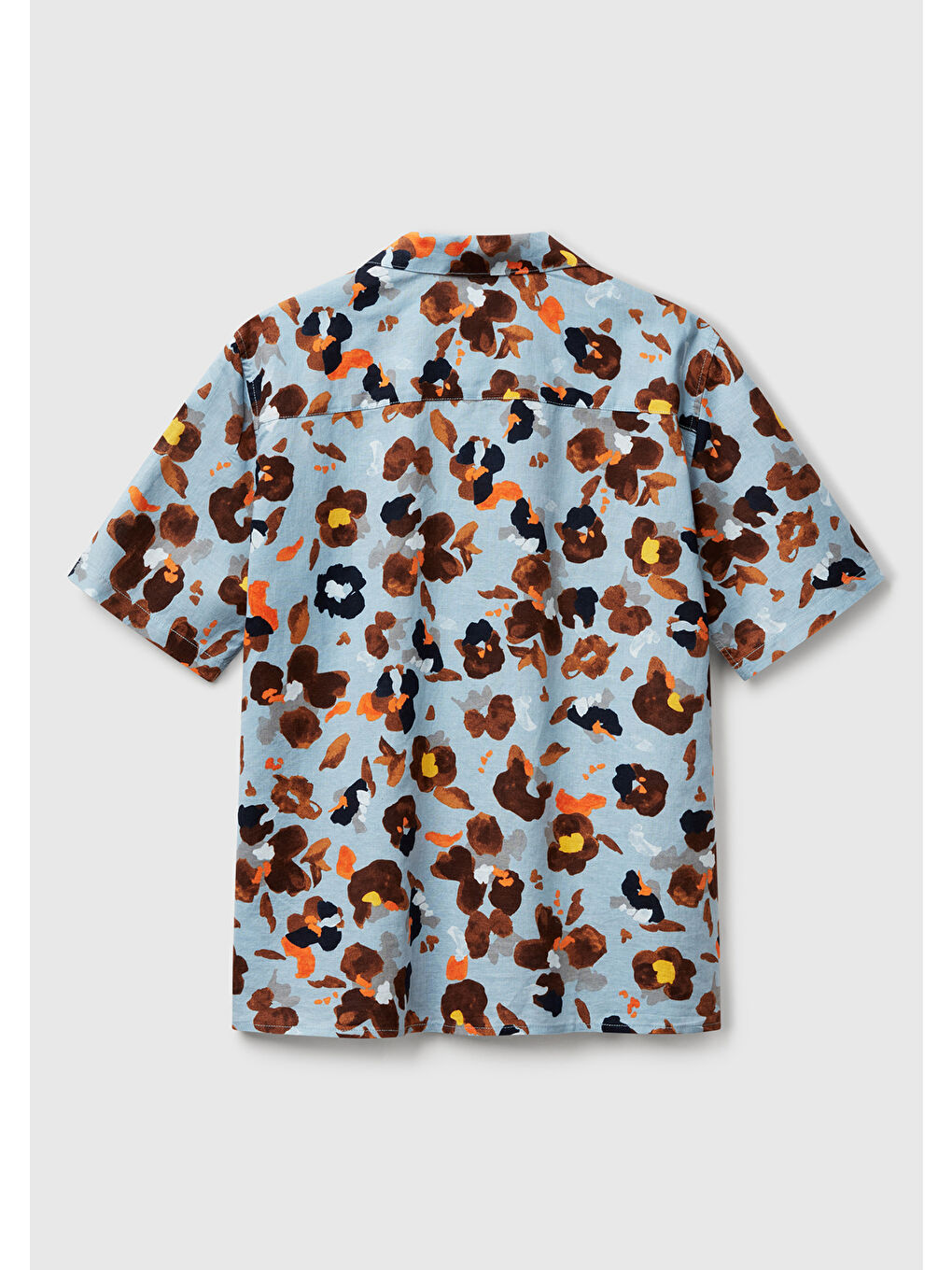 Erkek Açık Mavi Pamuk Keten Karışımlı Desenli Bowling Yaka Kısa Kollu Gömlek-3