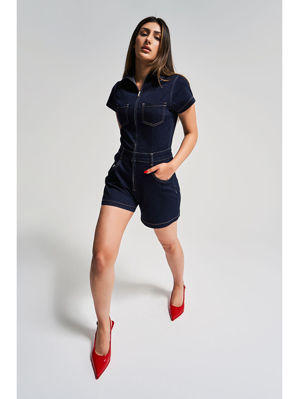 Kadın İndigo Renk 7s5-50 Süper Esnek Kumaş Fermuarlı Denim Şort Tulum-1