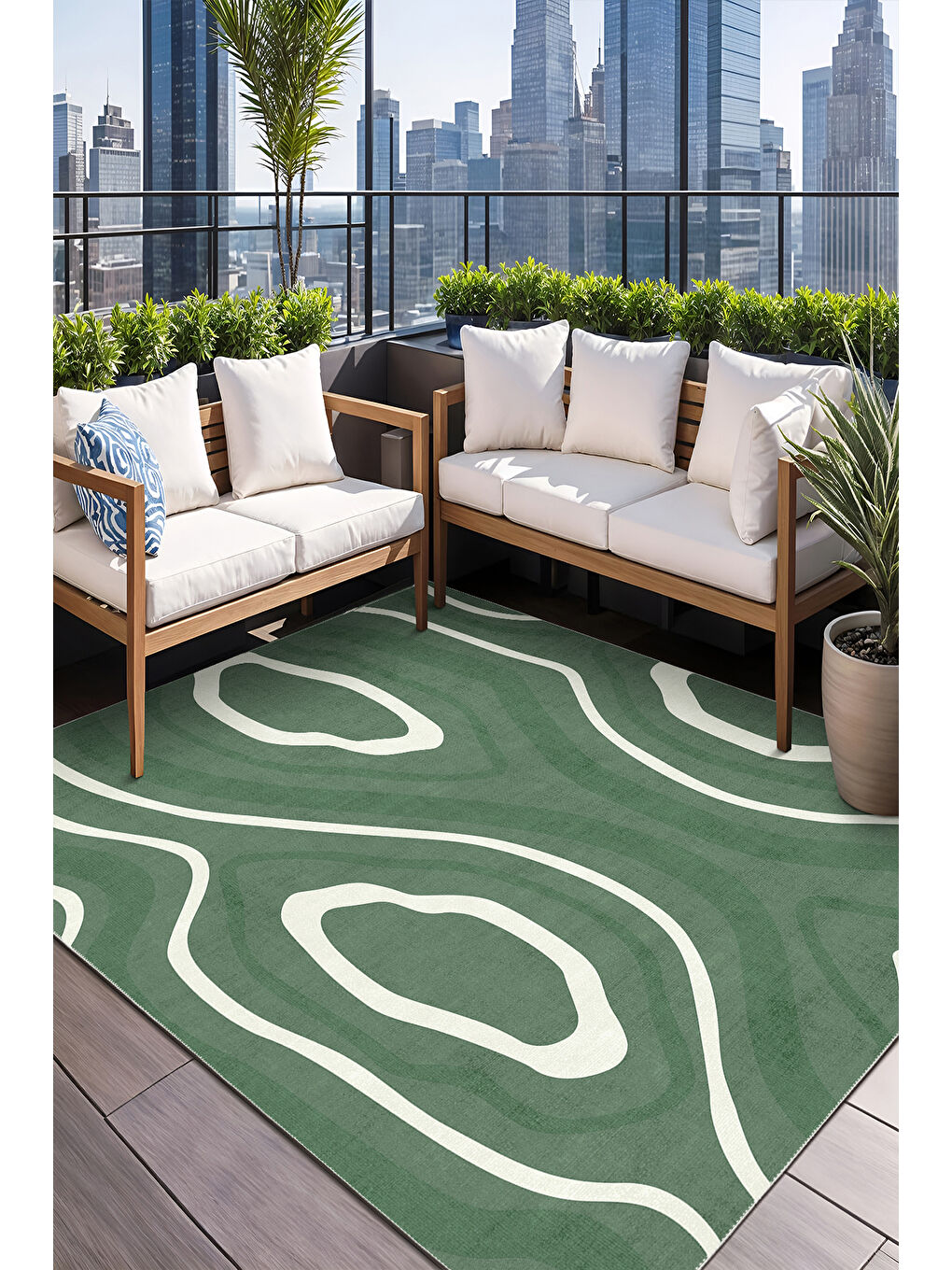 Yeşil Dekoratif Salon Halısı, Makinada Yıkanabilir, Kaymaz Taban, İnce & Modern Tasarım-2