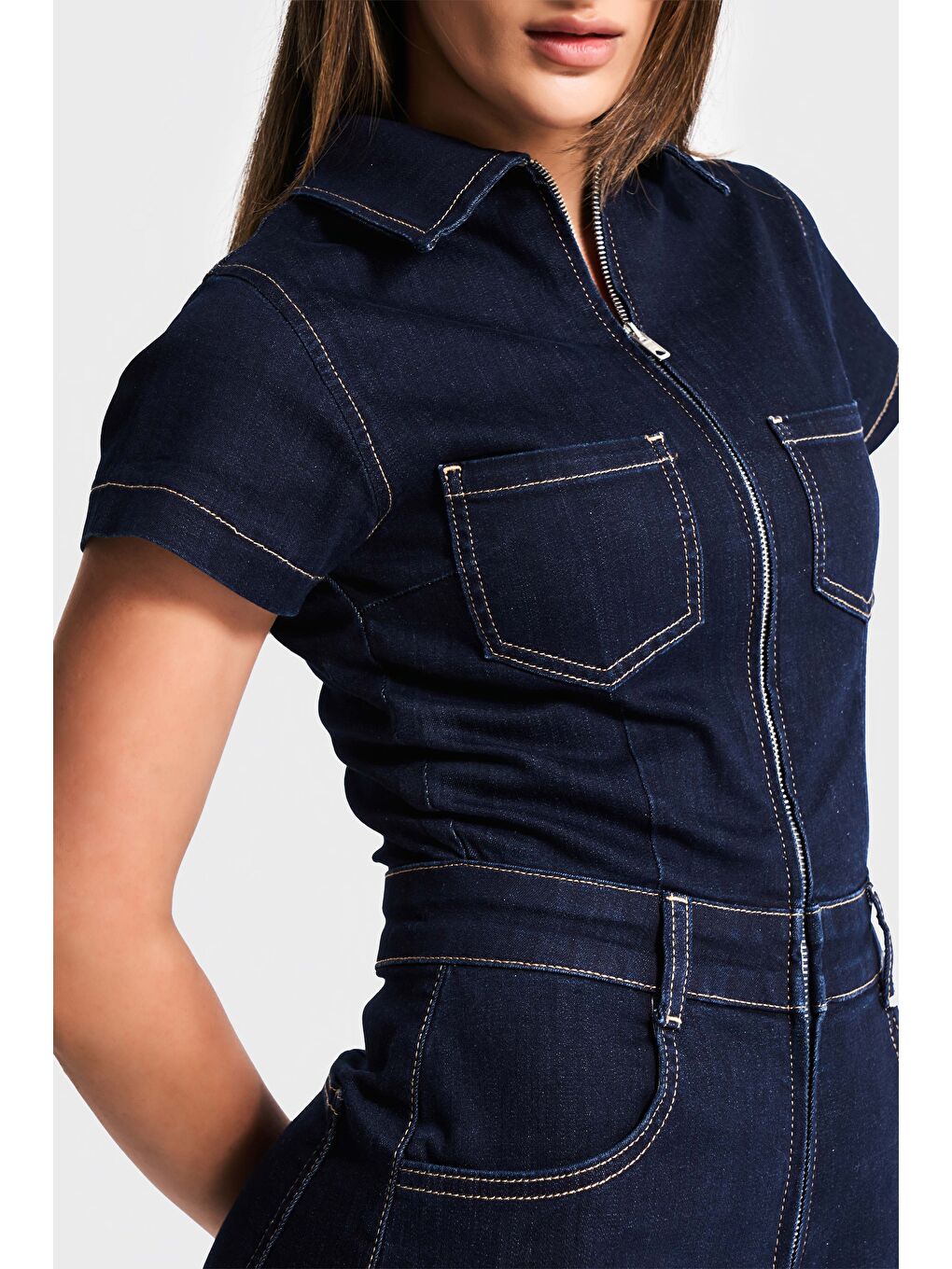 Kadın İndigo Renk 7s5-50 Süper Esnek Kumaş Fermuarlı Denim Şort Tulum-2