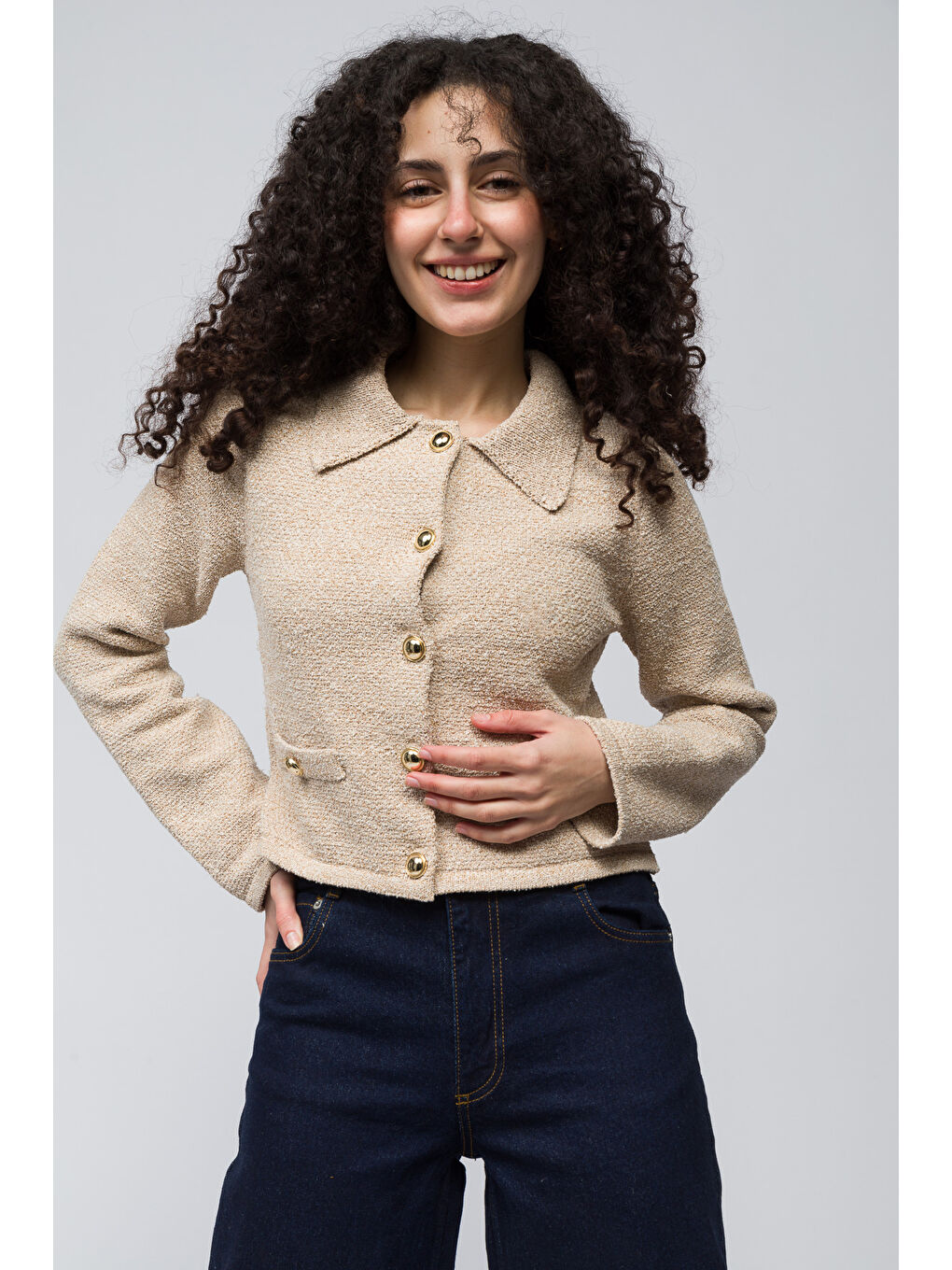 Lozan - Düğme Ve Cep Detaylı Polo Yaka Triko Hırka - Bej Renk-2