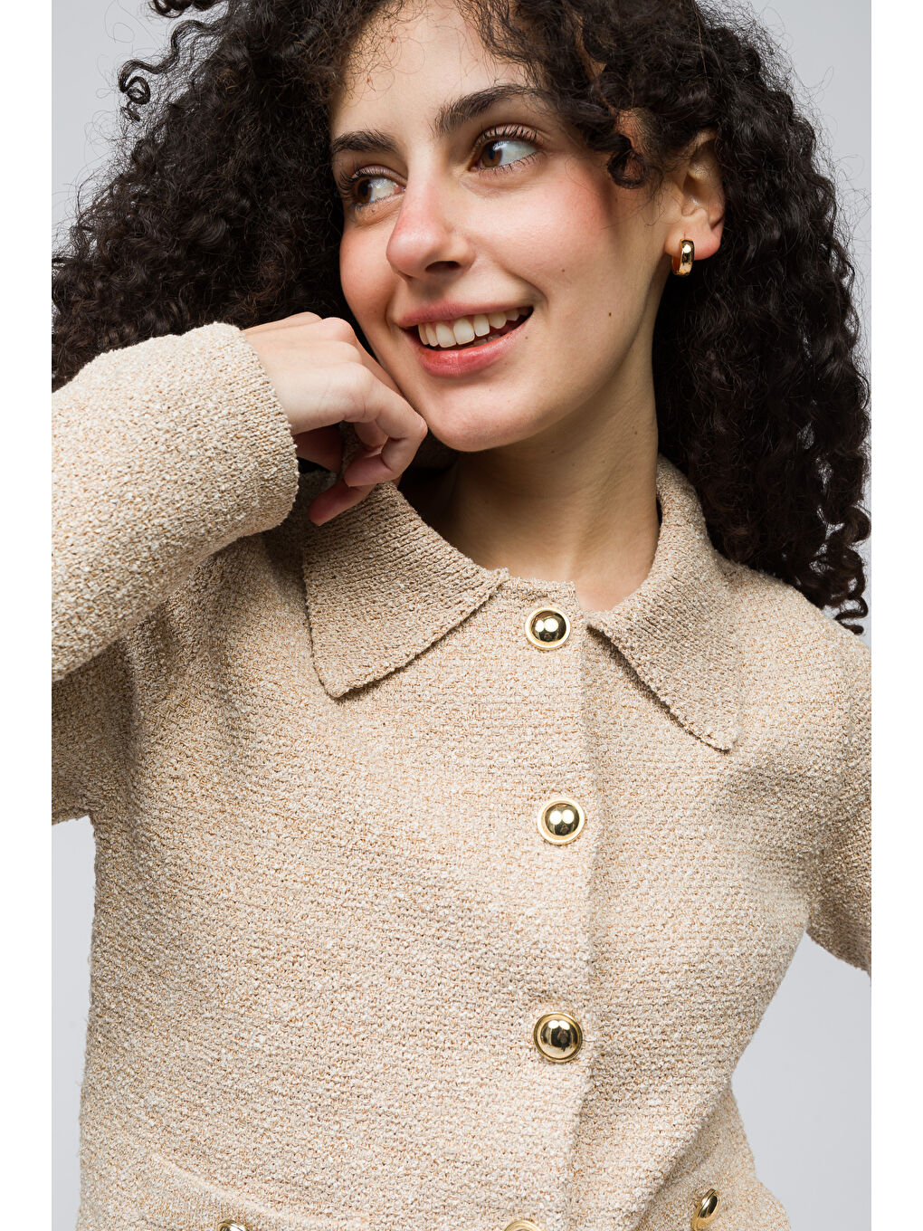 Lozan - Düğme Ve Cep Detaylı Polo Yaka Triko Hırka - Bej Renk-3