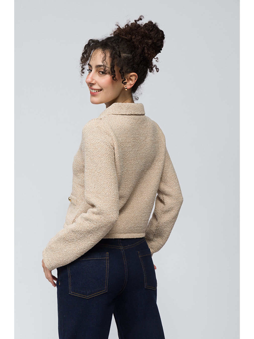 Lozan - Düğme Ve Cep Detaylı Polo Yaka Triko Hırka - Bej Renk-4