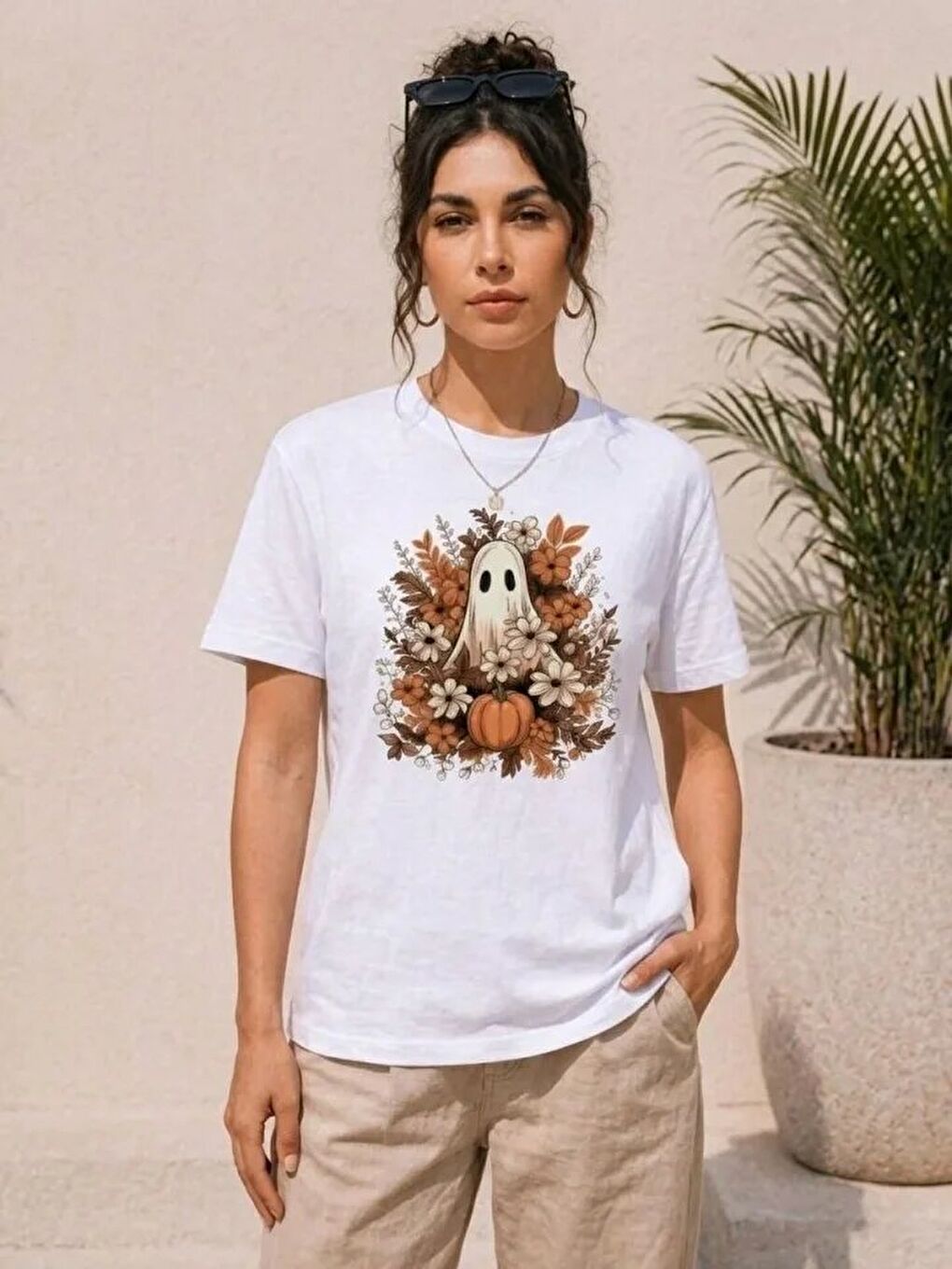 Balkabağı Hayalet Baskılı Tişört Kısa Kol Yazlık T-Shirt - Beyaz-1