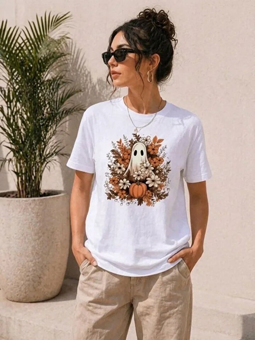 Balkabağı Hayalet Baskılı Tişört Kısa Kol Yazlık T-Shirt - Beyaz-2