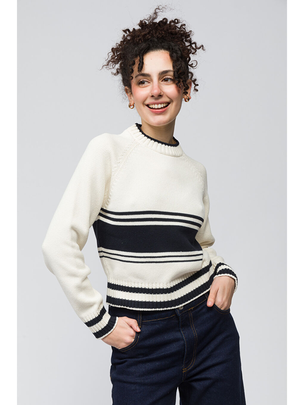 Sion   Bisiklet Yaka Çizgi Detaylı Kazak   Ekru Renk