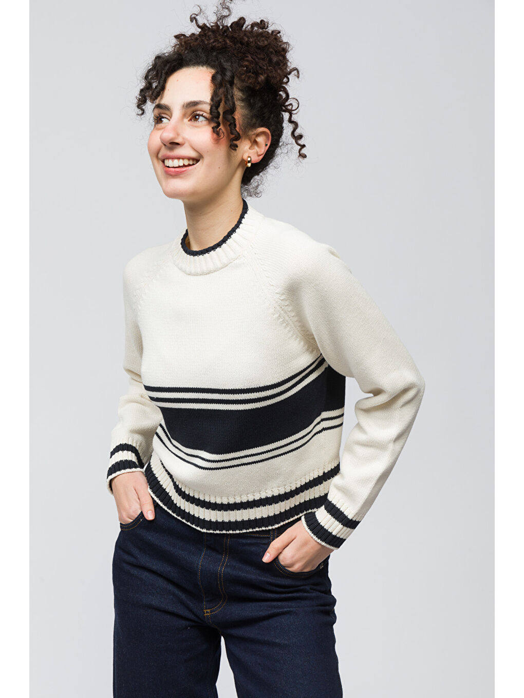 Sion   Bisiklet Yaka Çizgi Detaylı Kazak   Ekru Renk-1