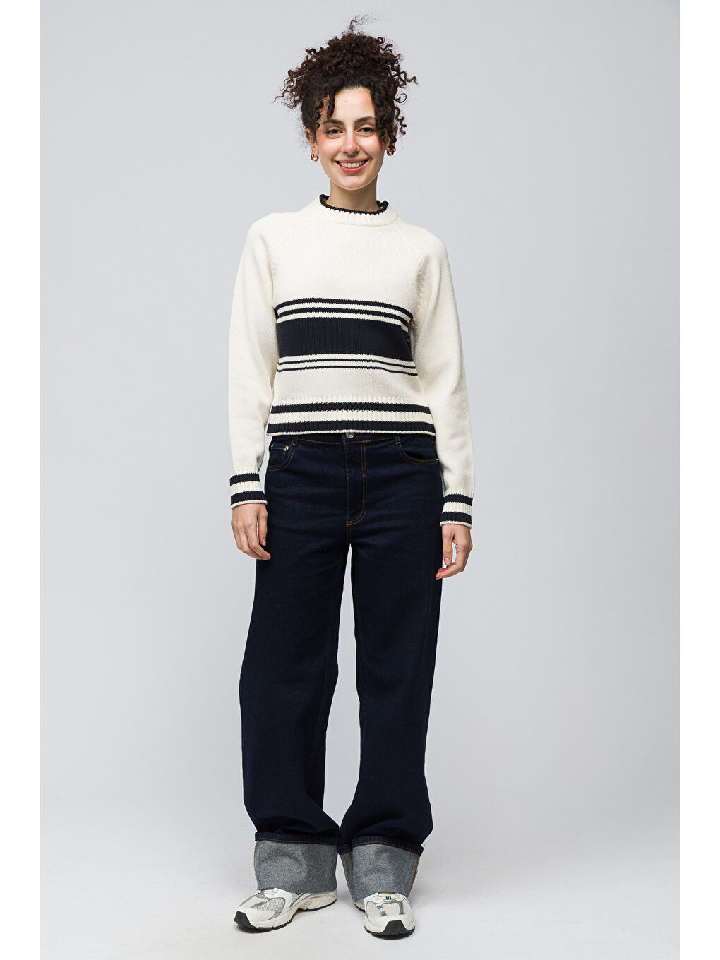 Sion   Bisiklet Yaka Çizgi Detaylı Kazak   Ekru Renk-2