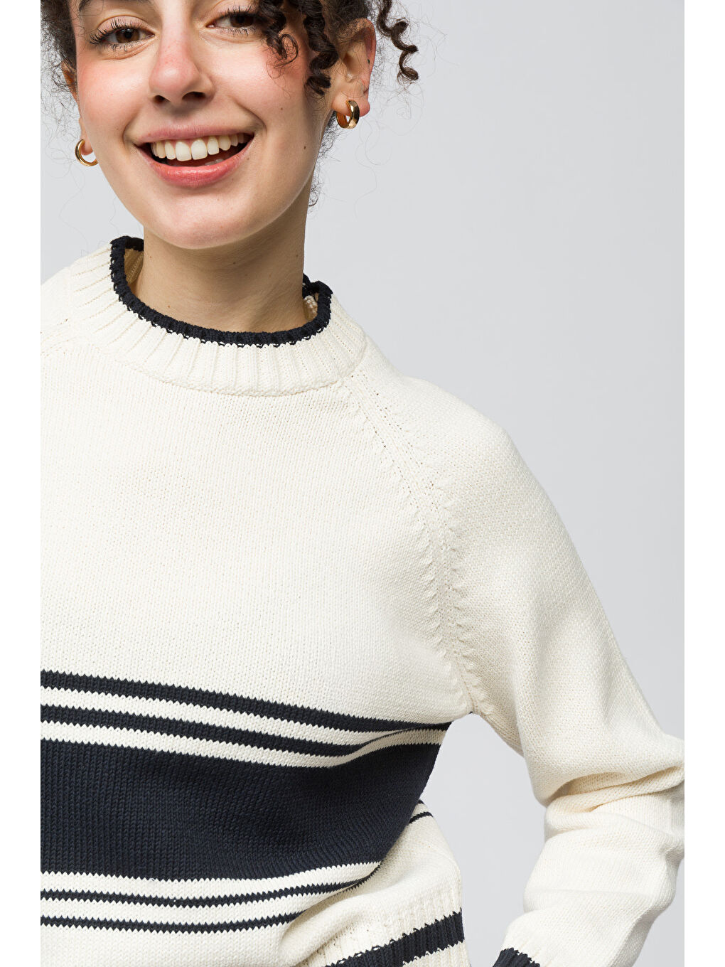 Sion   Bisiklet Yaka Çizgi Detaylı Kazak   Ekru Renk-3