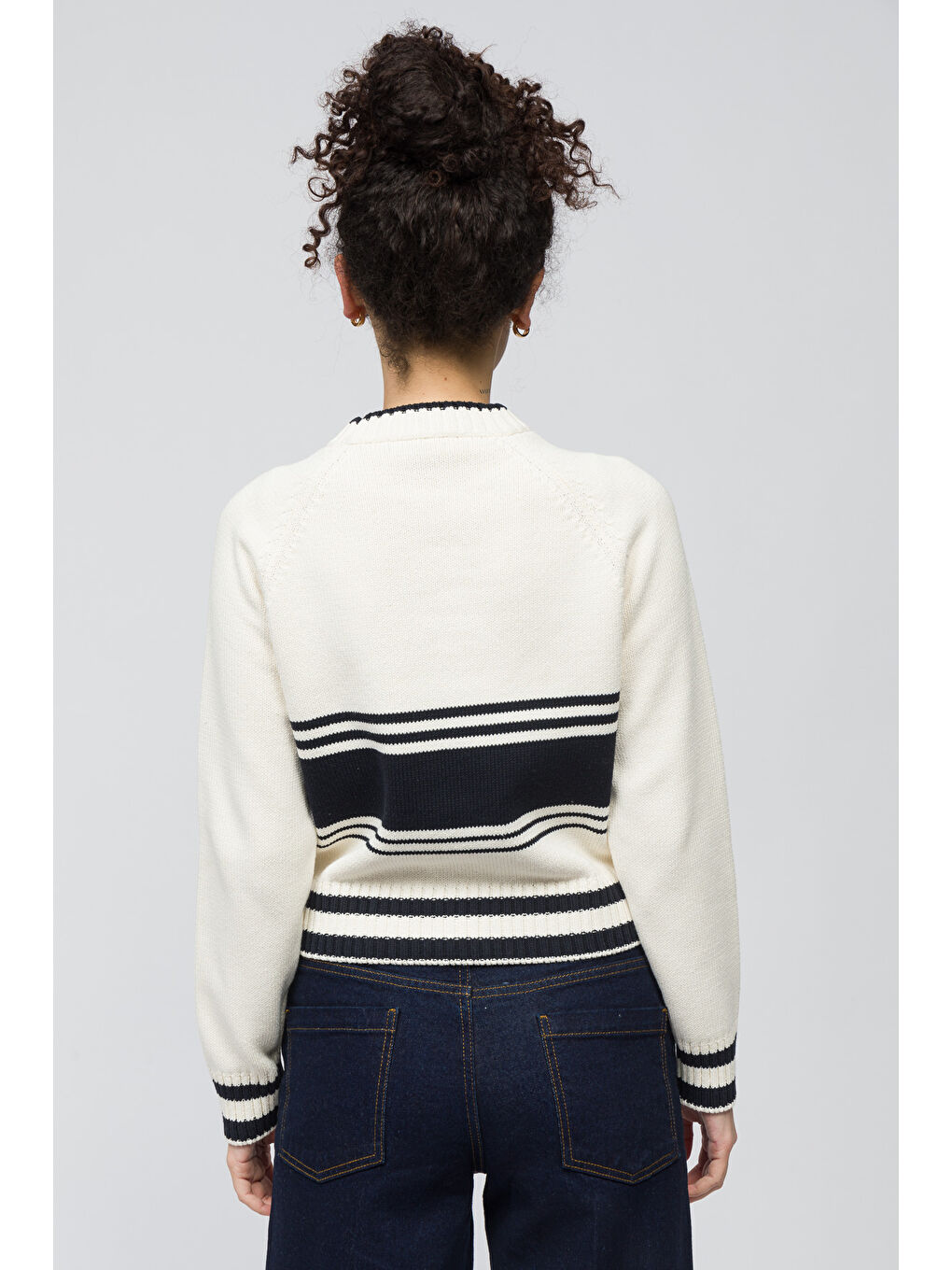 Sion   Bisiklet Yaka Çizgi Detaylı Kazak   Ekru Renk-5
