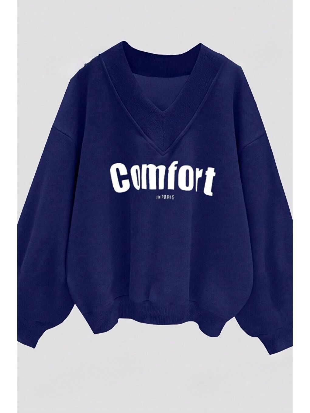 Trendseninle Kadın 3 Iplik Lacivert Comfort In Paris Baskılı V Yaka Oversize Sweatshirt