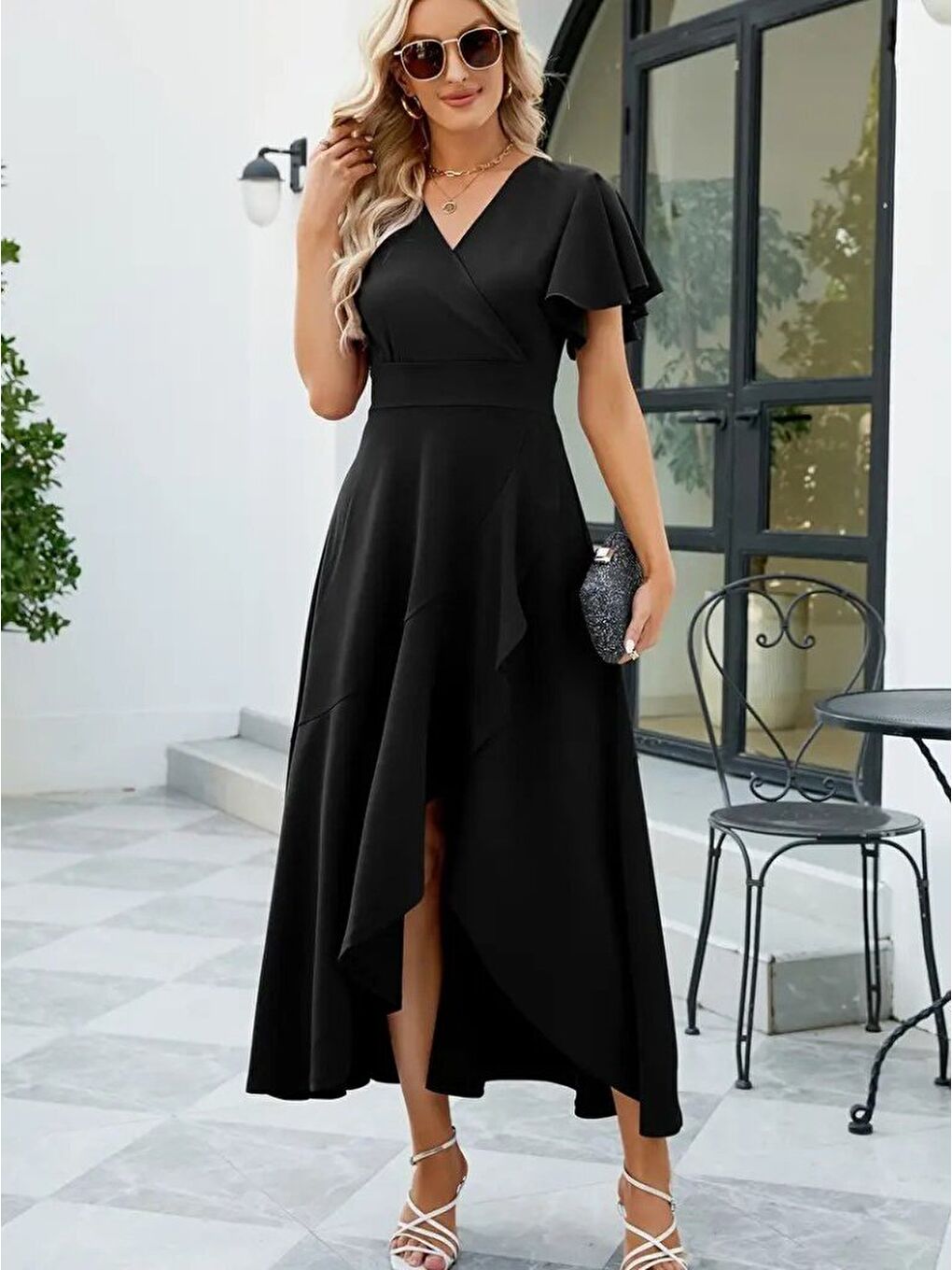 Siyah Kadın Kısa Kollu Kruvaze Yakalı önden Volanlı çapraz Kesim Detaylı Maksi Boy Ithal Krep Elbise-1