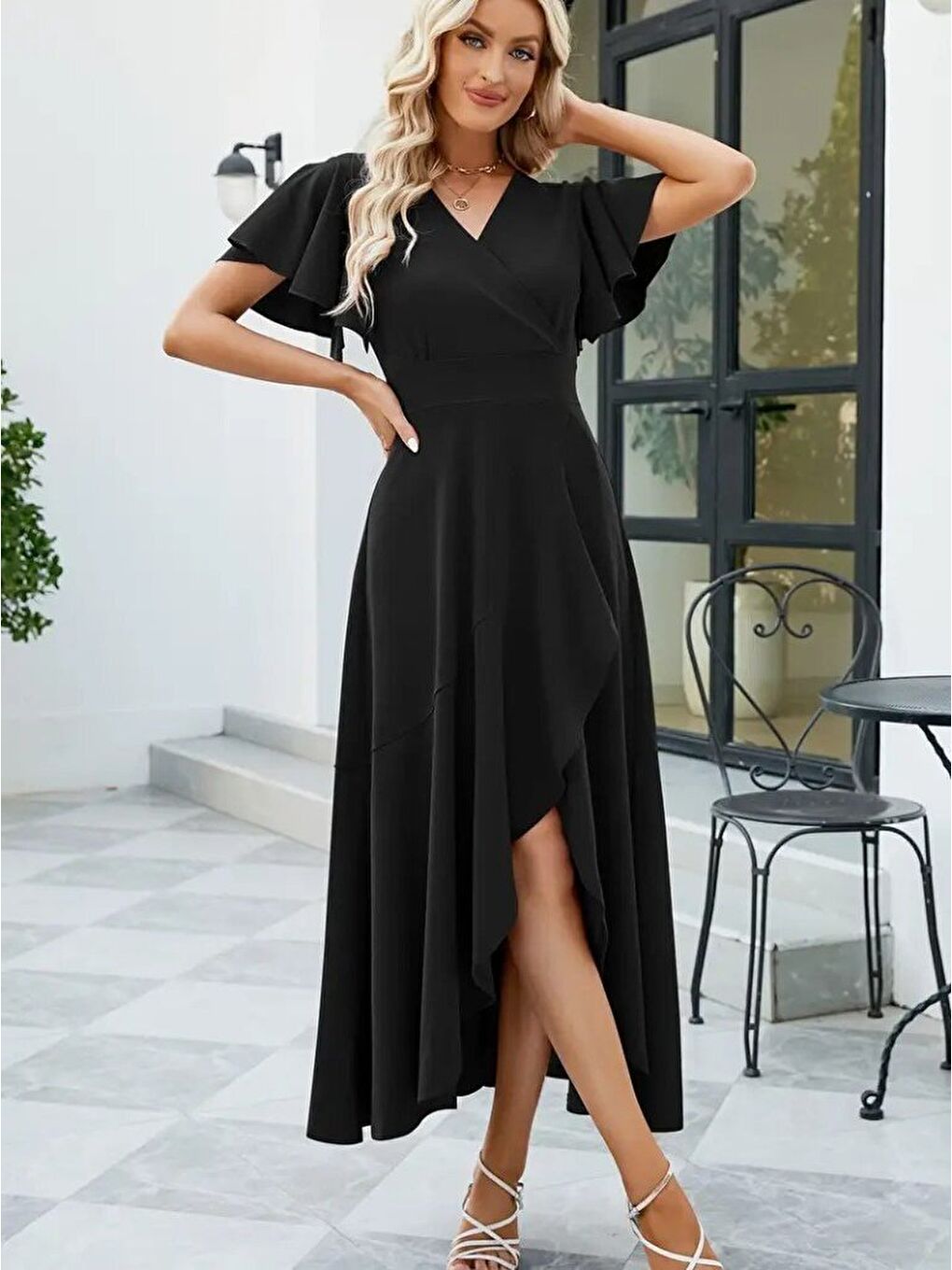 Siyah Kadın Kısa Kollu Kruvaze Yakalı önden Volanlı çapraz Kesim Detaylı Maksi Boy Ithal Krep Elbise-2