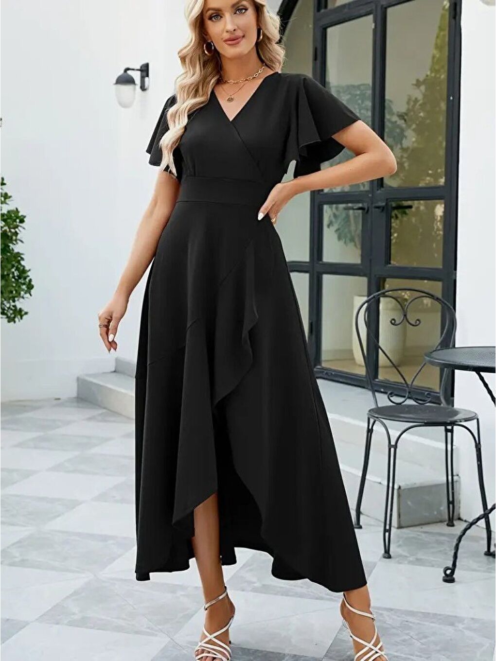 Siyah Kadın Kısa Kollu Kruvaze Yakalı önden Volanlı çapraz Kesim Detaylı Maksi Boy Ithal Krep Elbise-3