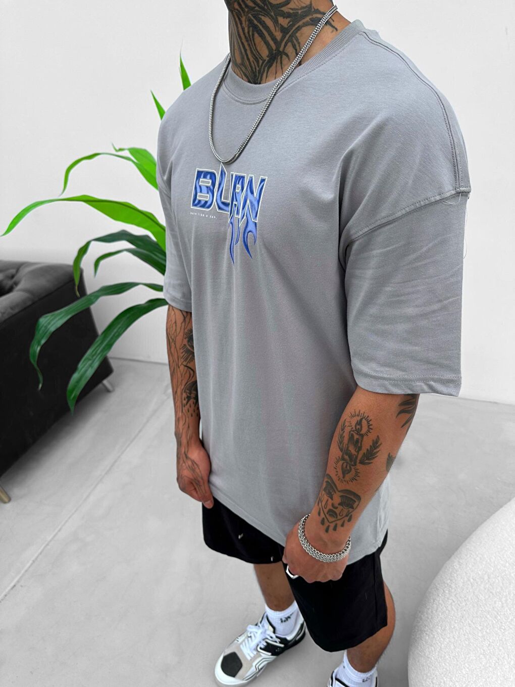 ablukaonline Erkek Burn Baskılı Oversize T-Shirt Gri