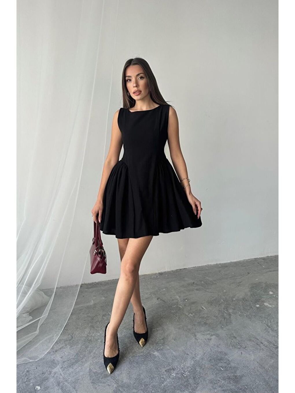 Siyah Mini Boy Büzgülü Keten Elbise-1