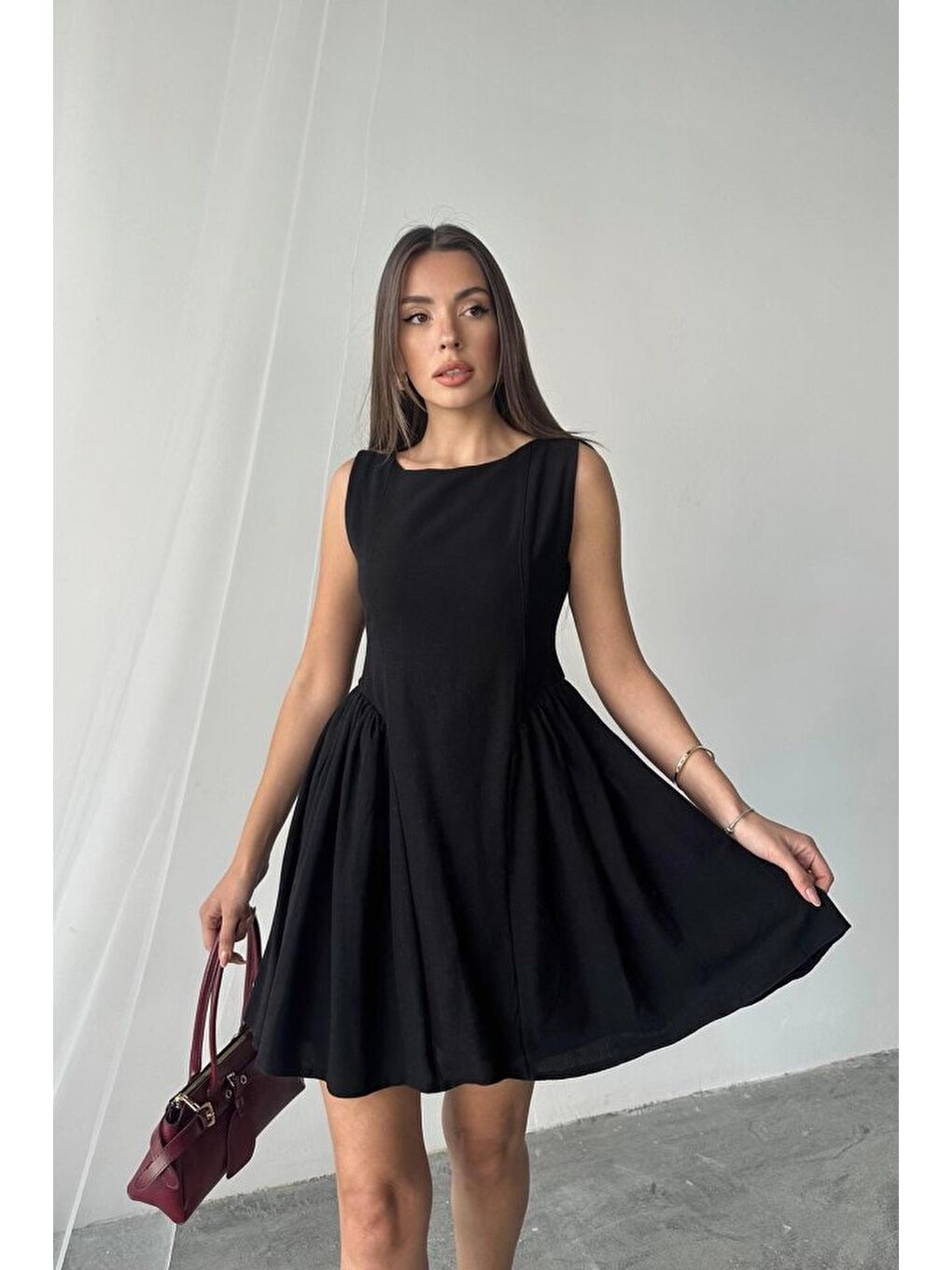 Siyah Mini Boy Büzgülü Keten Elbise-2