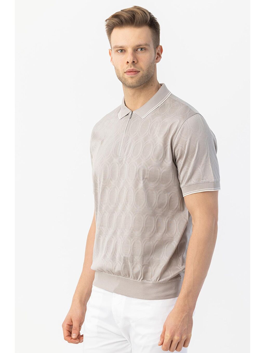 Giotelli Bej Regular Fit %100 Pamuk Merserize Fermuarlı Polo Yaka Erkek Tişört-4