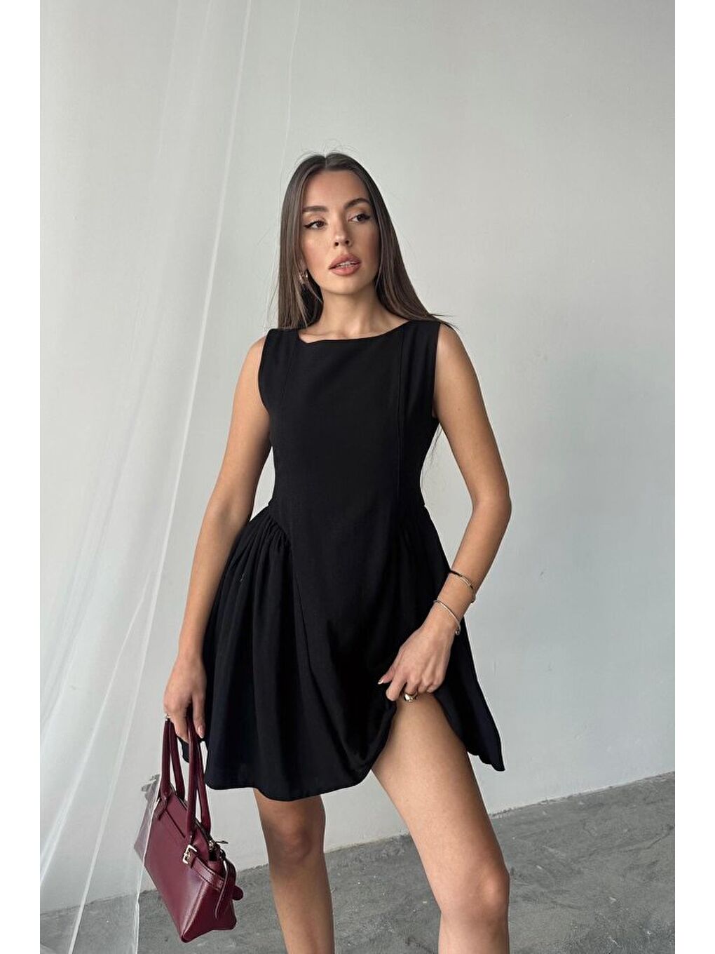 Siyah Mini Boy Büzgülü Keten Elbise-3