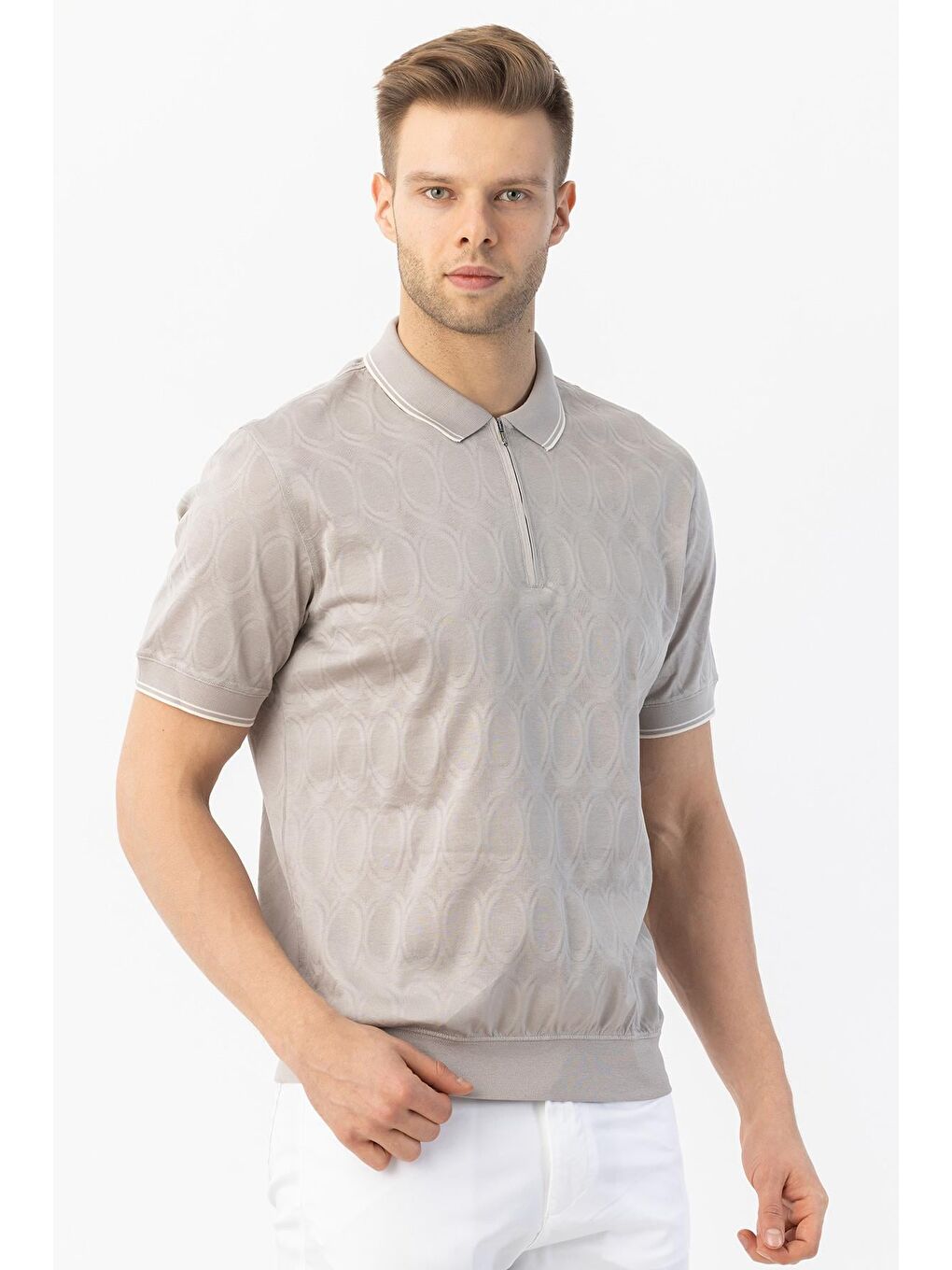 Giotelli Bej Regular Fit %100 Pamuk Merserize Fermuarlı Polo Yaka Erkek Tişört-5