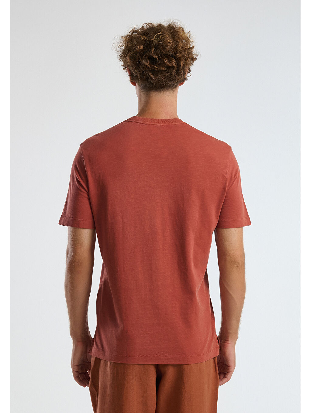 Bordo Erkek Tuğla Kırmızısı %100 Pamuk Bisiklet Yaka Slub T-Shirt-1