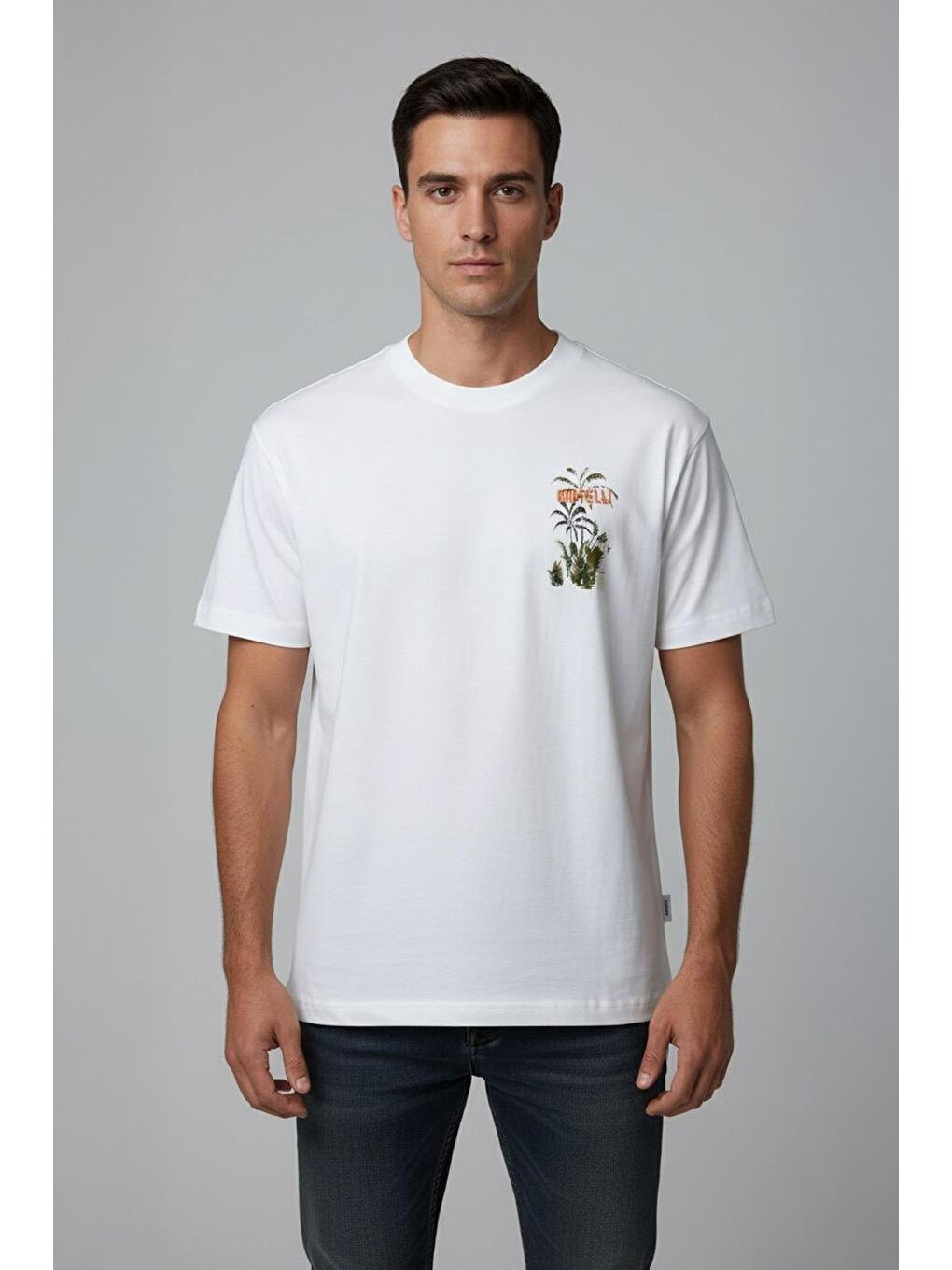 Giotelli Beyaz Regular Fit %100 Pamuk Baskılı Bisiklet Yaka Erkek Tişört