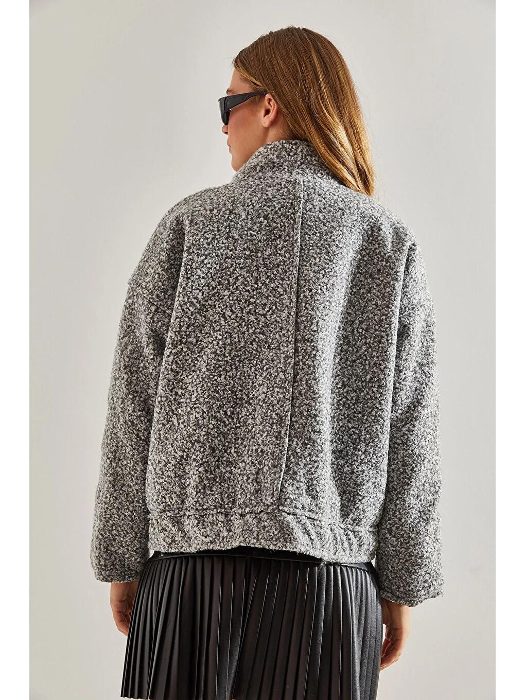 Gri Kadın Yün Büklet Kaşe Salaş Cepli Ceket-2