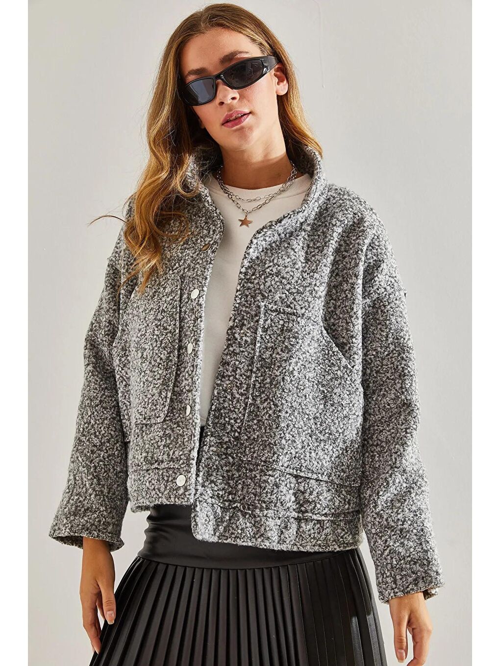 Gri Kadın Yün Büklet Kaşe Salaş Cepli Ceket-3