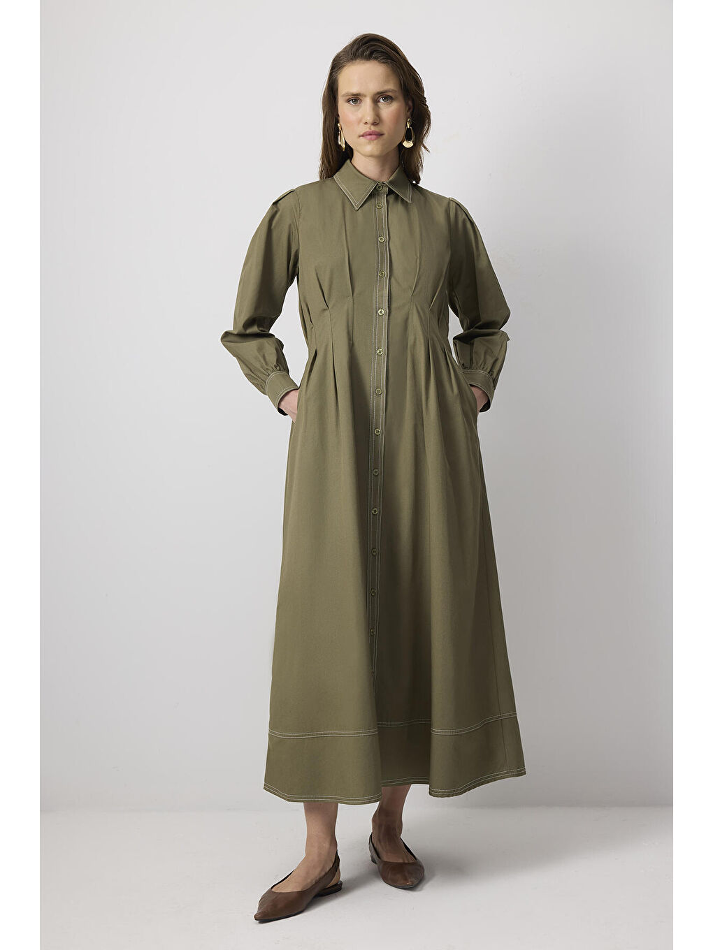 Haki %100 Pamuklu Kontrast Dikişli Gömlek Elbise