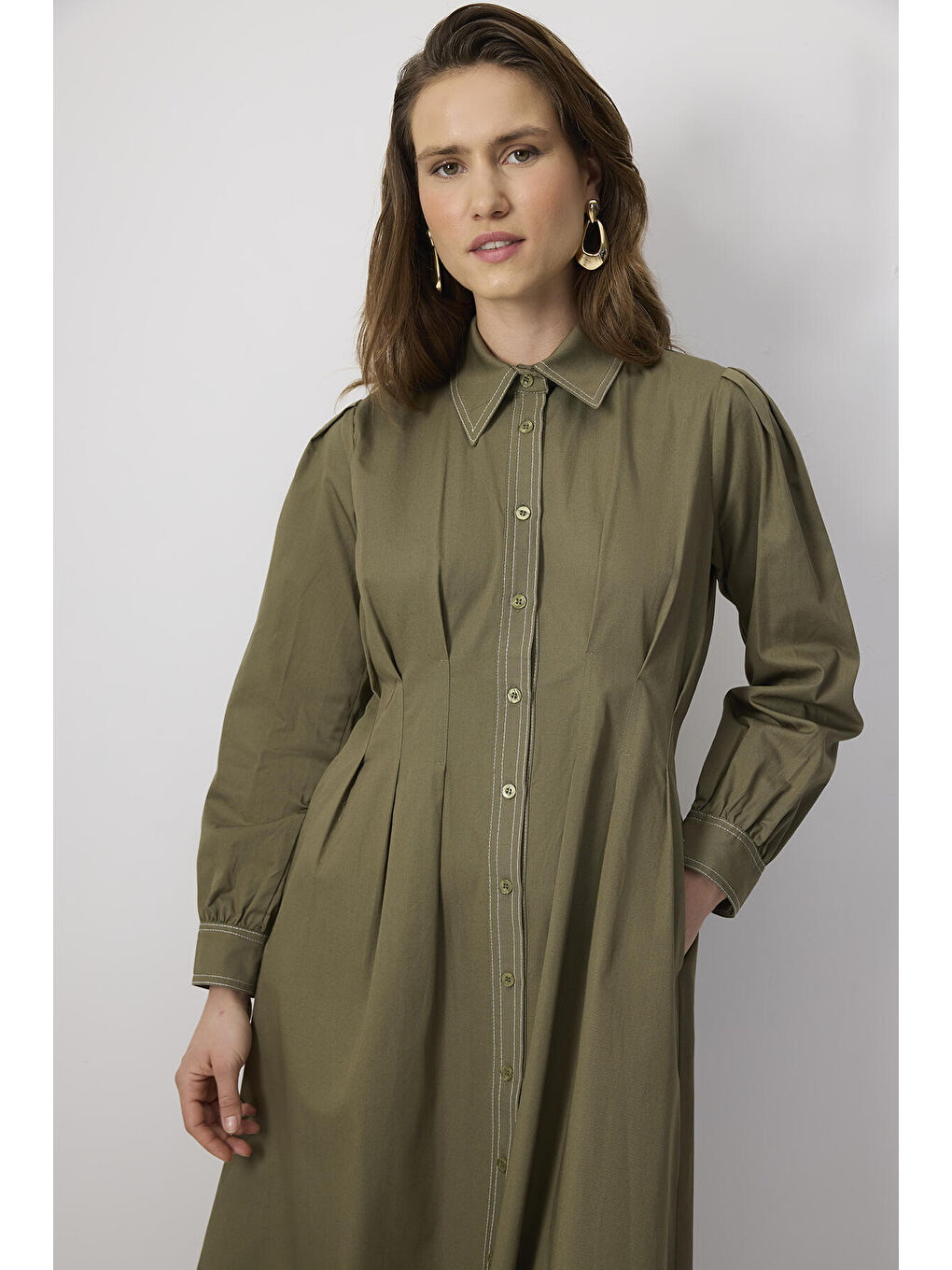 Haki %100 Pamuklu Kontrast Dikişli Gömlek Elbise-1