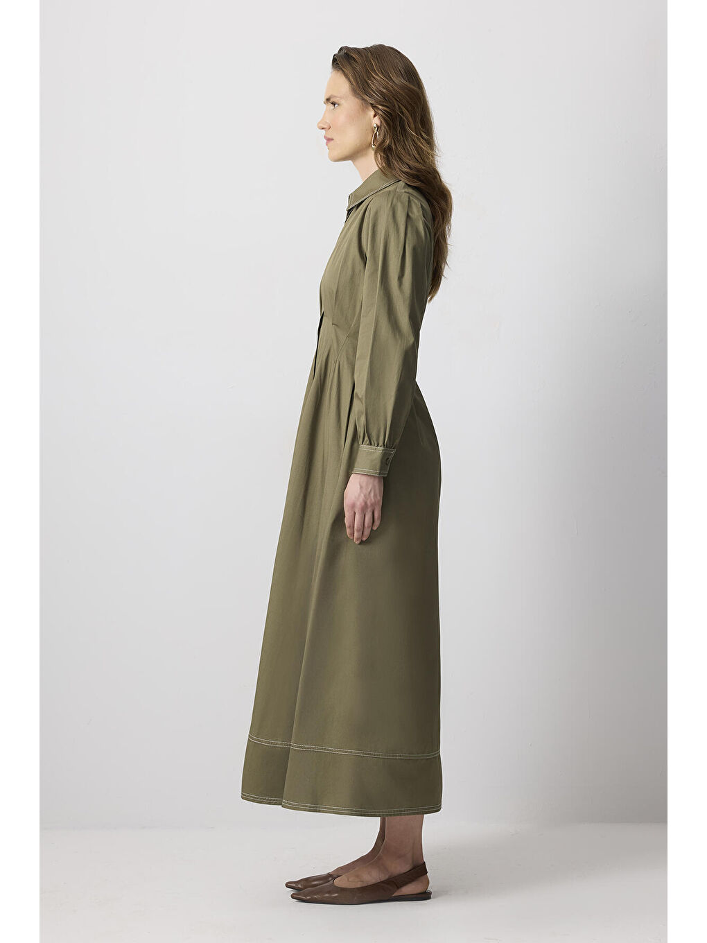 Haki %100 Pamuklu Kontrast Dikişli Gömlek Elbise-2