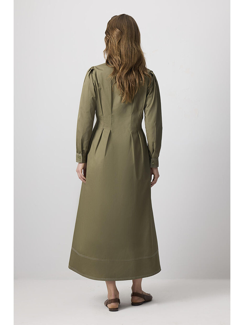 Haki %100 Pamuklu Kontrast Dikişli Gömlek Elbise-3