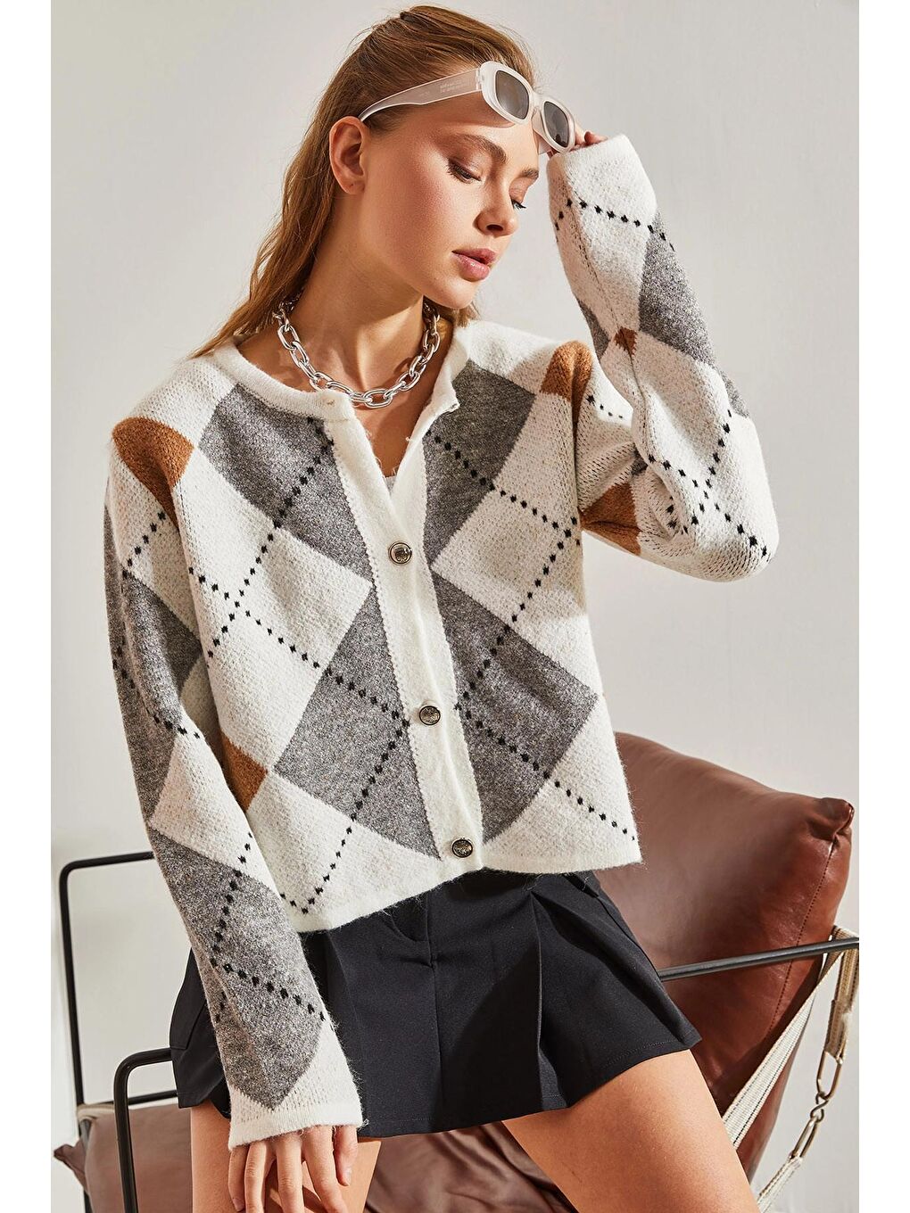 Gri Kadın Baklava Desenli Triko Hırka