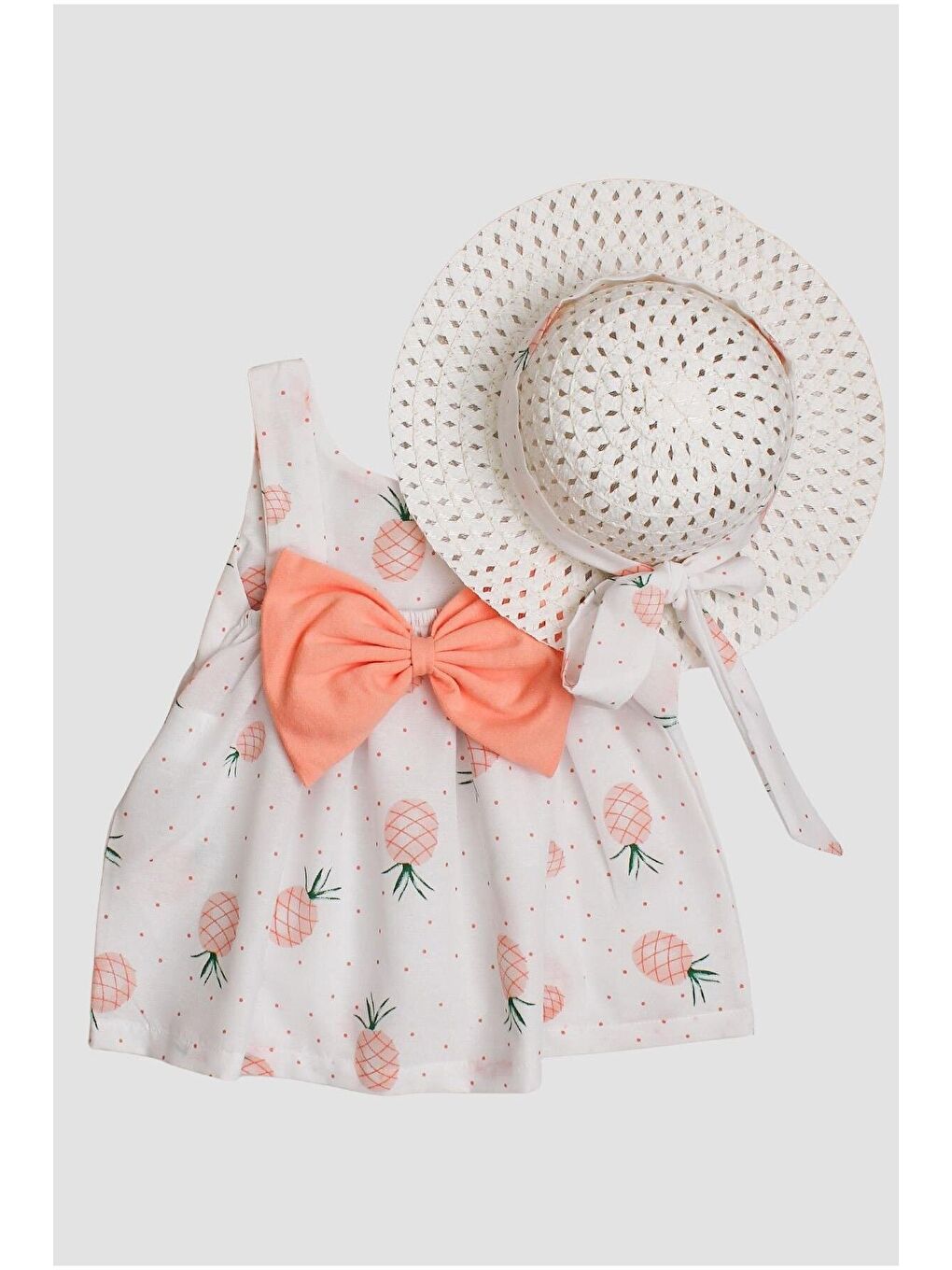 Pembe Şapkalı Büyük Ananas Desenli Kız Bebek Elbisesi
