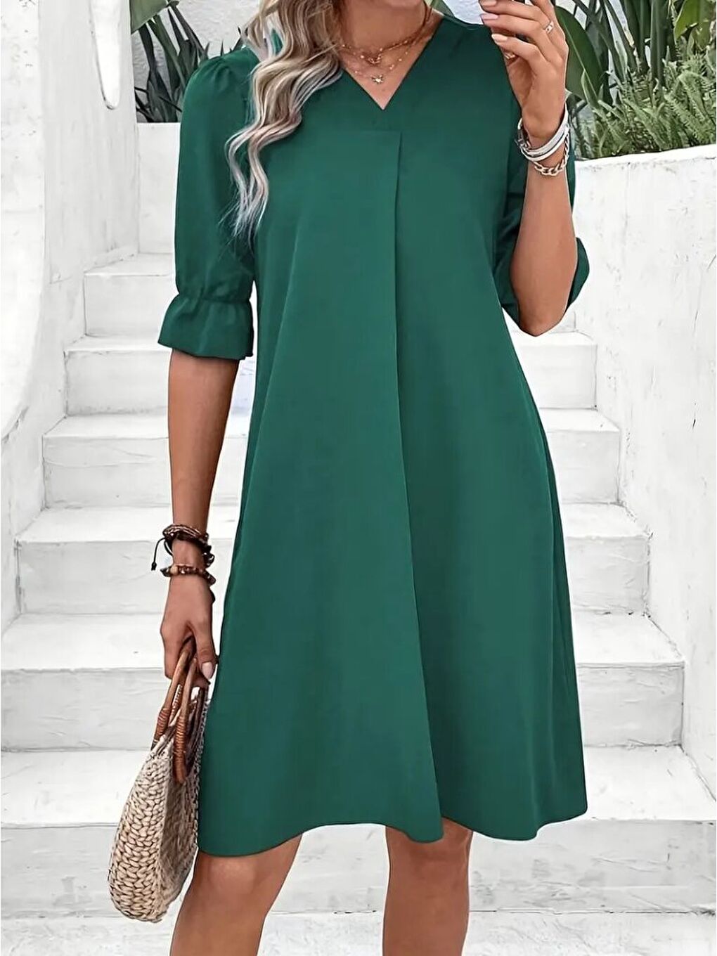 Yeşil Kadın Kısa Kollu V Yakalı Salaş Janjan Krep Elbise-4