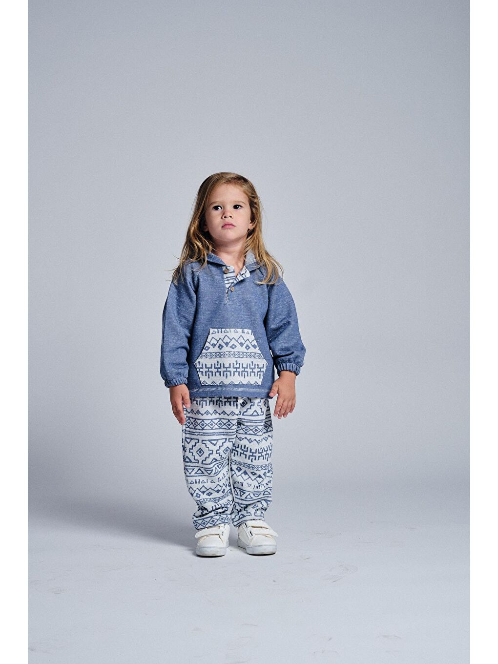 İndigo Unisex Etnik Desen Kanguru Cepli 2'li Takım